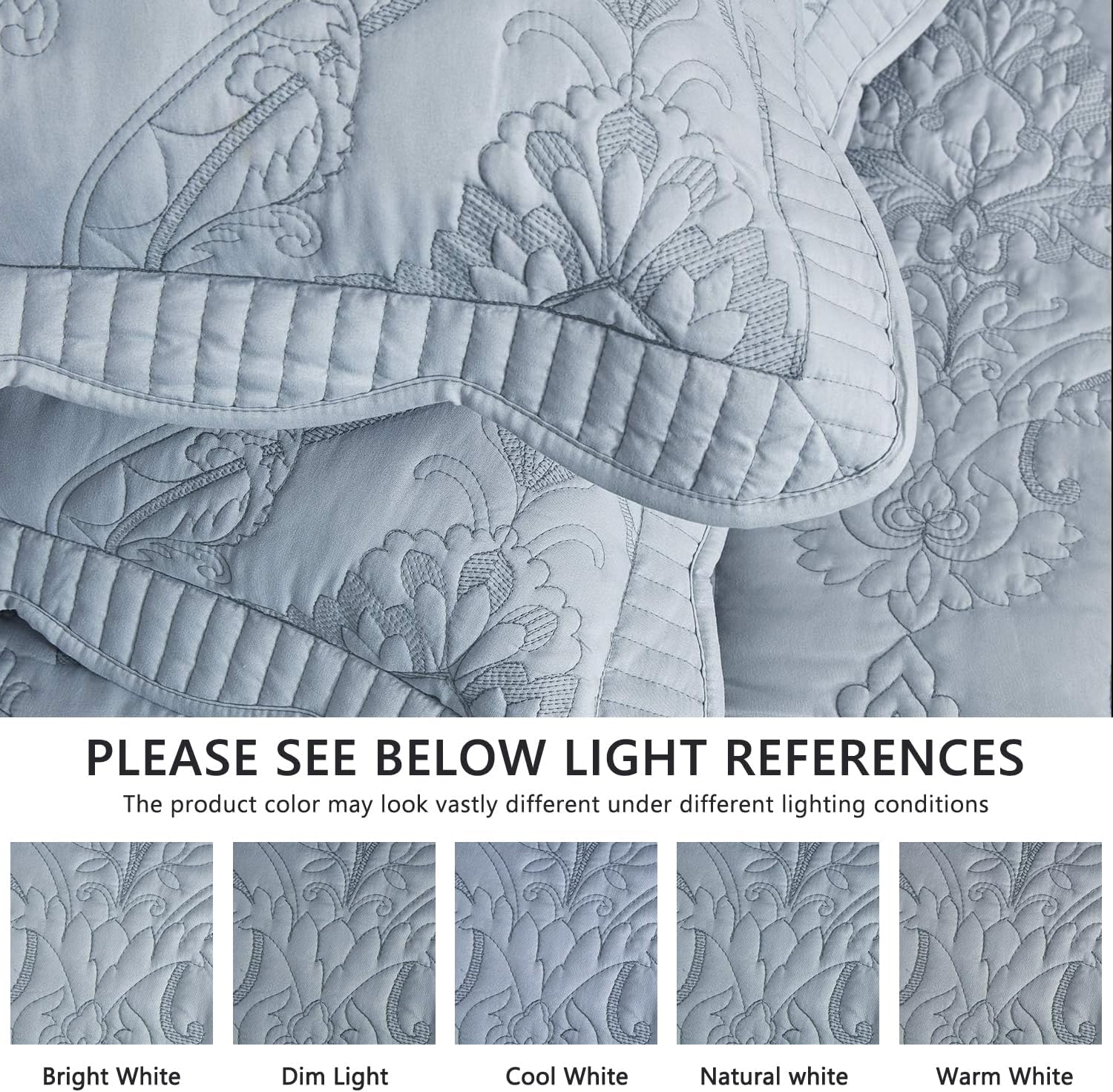 CHIXIN Oversized Bedspread Set - King Size Light Grey Damask Paisley Pattern