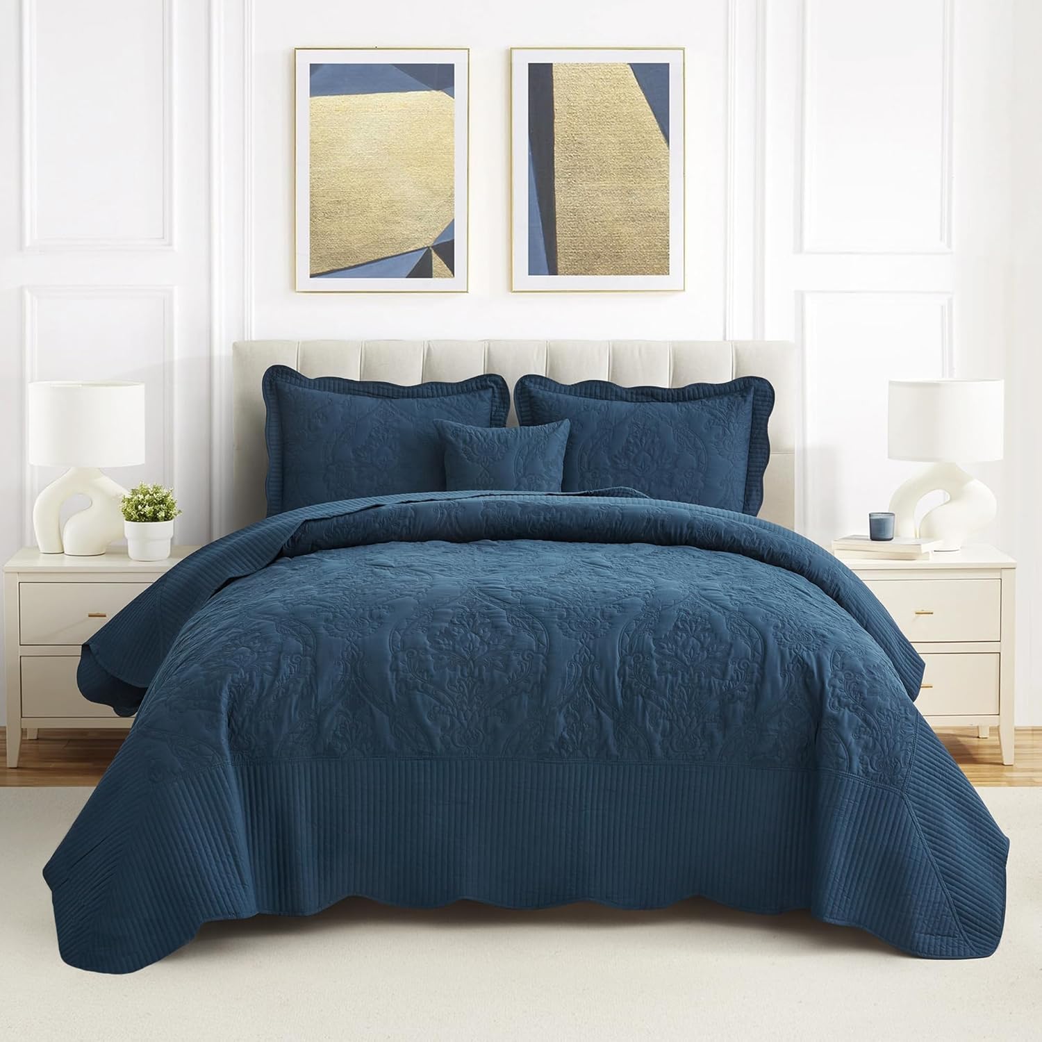 CHIXIN Oversized King Bedspread Set - Navy Damask Paisley Pattern
