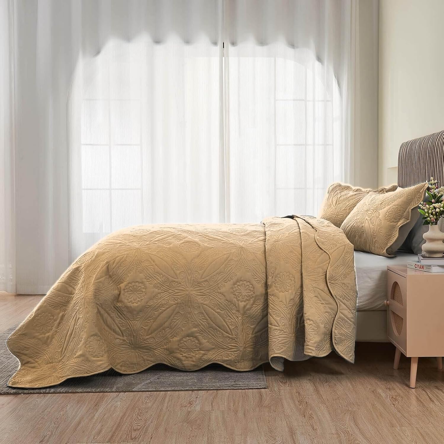 Kingnex Oversized King Bedspread Set 3 Piece Khaki 1