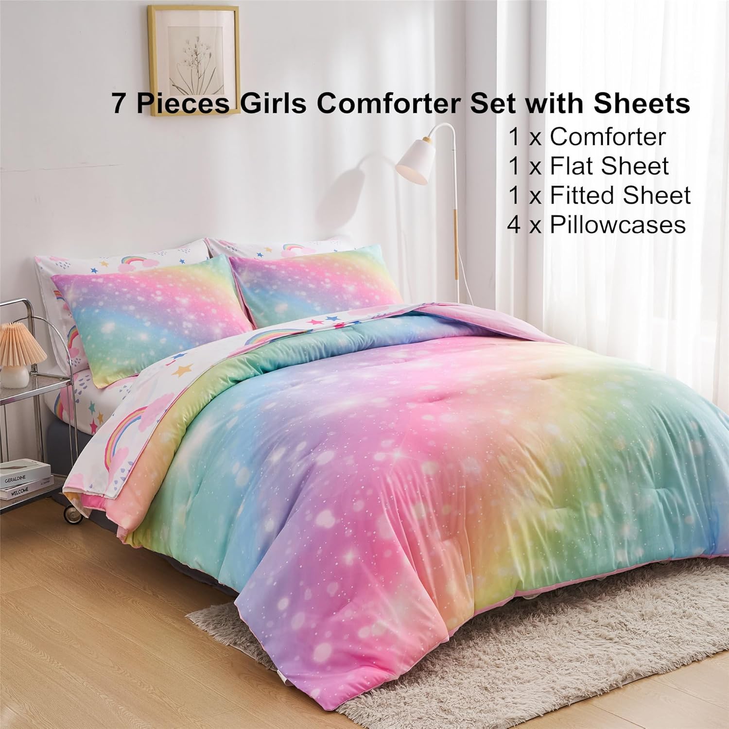 URLINENS Rainbow Girls Comforter Set 7-Piece