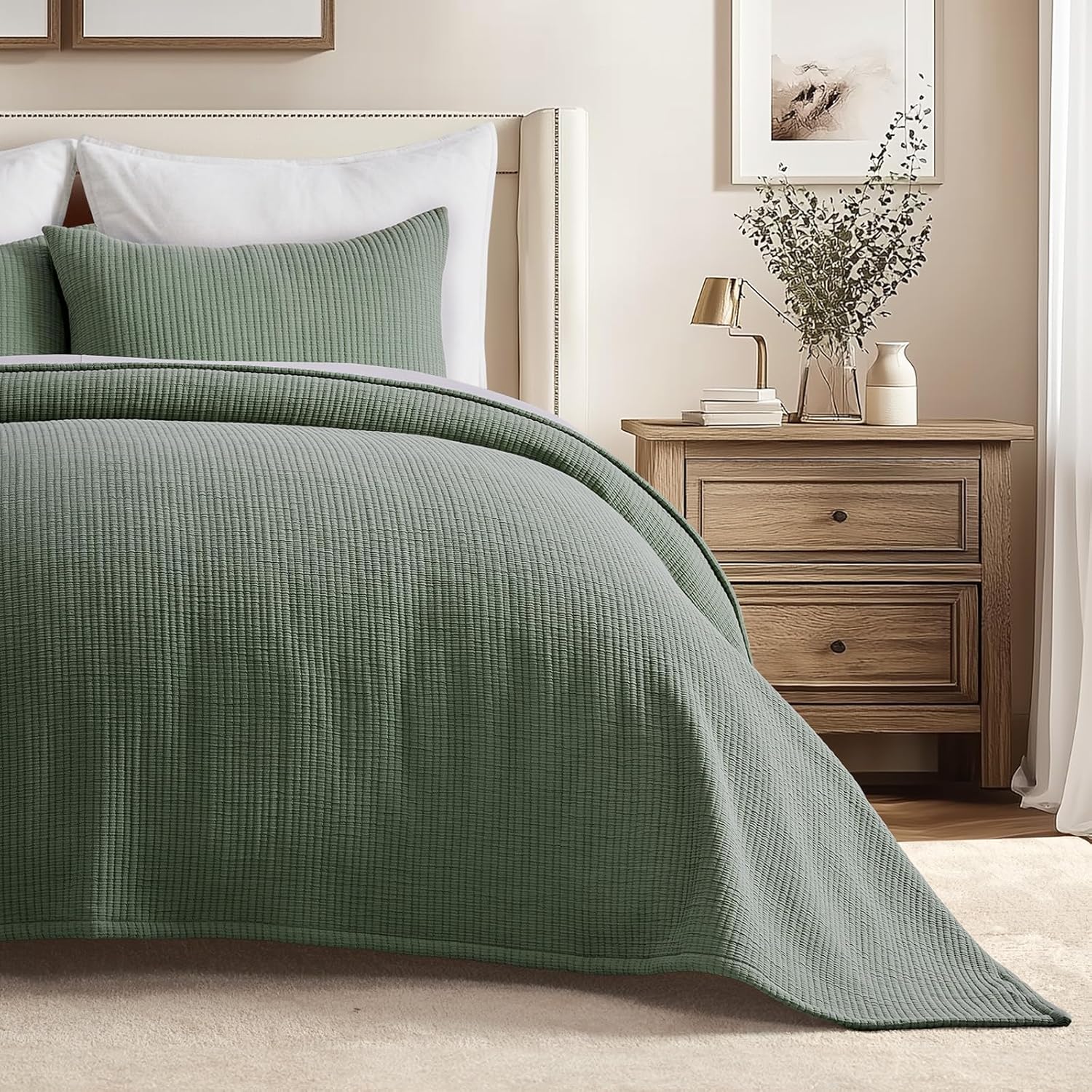 Evergracehome Cotton Gauze Queen Bedspread Set with 2 Shams Olive Green