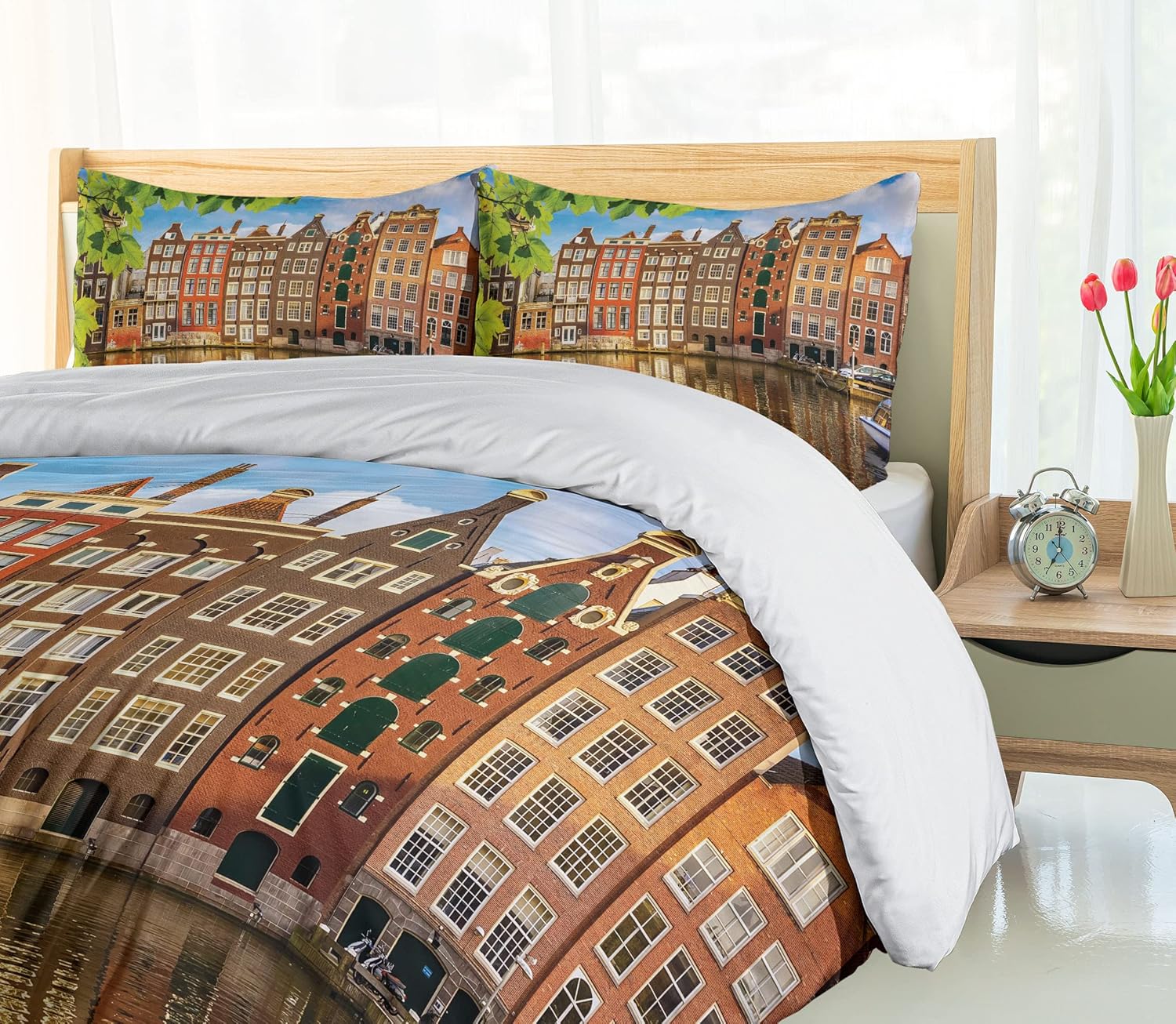 Ambesonne European Duvet Cover Set with Amsterdam Scenery