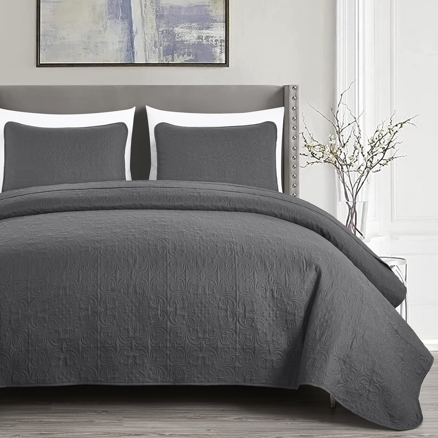 Chezmoi Collection Luca 3-Piece Bedspread Set Queen Size Charcoal