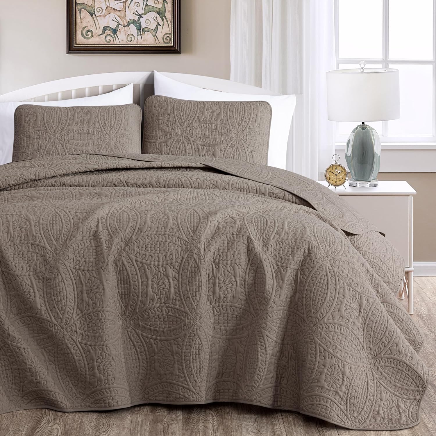 Chezmoi Austin 3-Piece Bedspread Set Queen Taupe