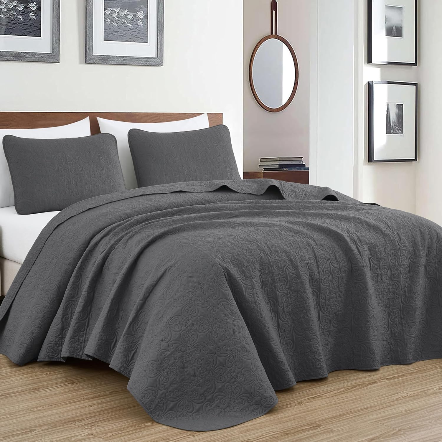 Chezmoi Collection Luca 3-Piece Bedspread Set Queen Size Charcoal