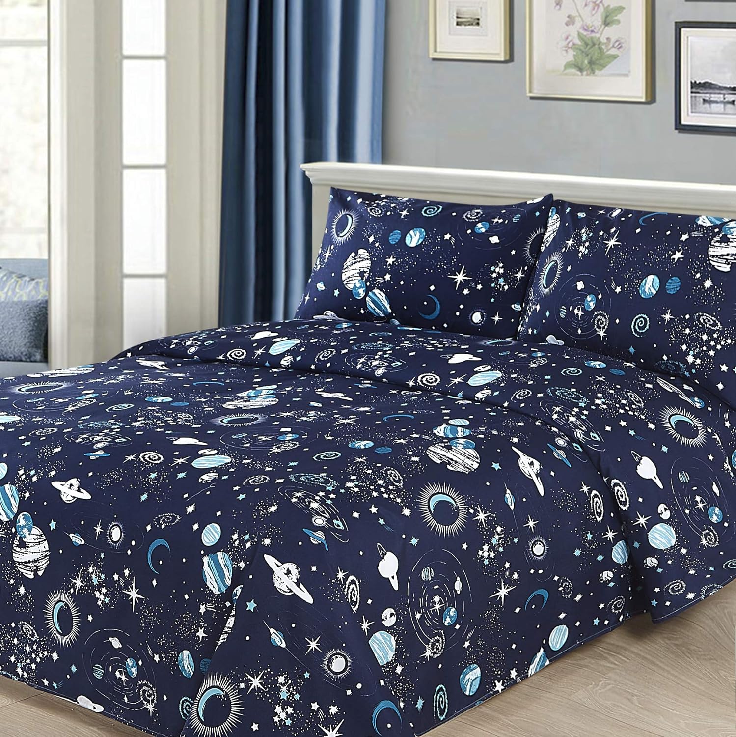 Sapphire Home 4 Piece Space Themed Queen Bedding Set for Kids