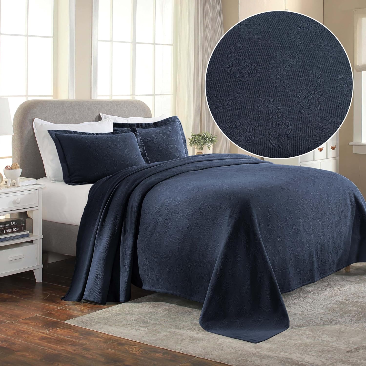 Superior Paisley 3 Piece Cotton Bedspread Set Navy Blue 1