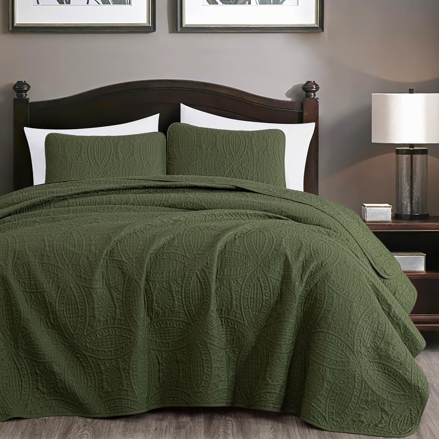 Chezmoi Austin 3-Piece Oversized Bedspread Set King Cypress Green 1