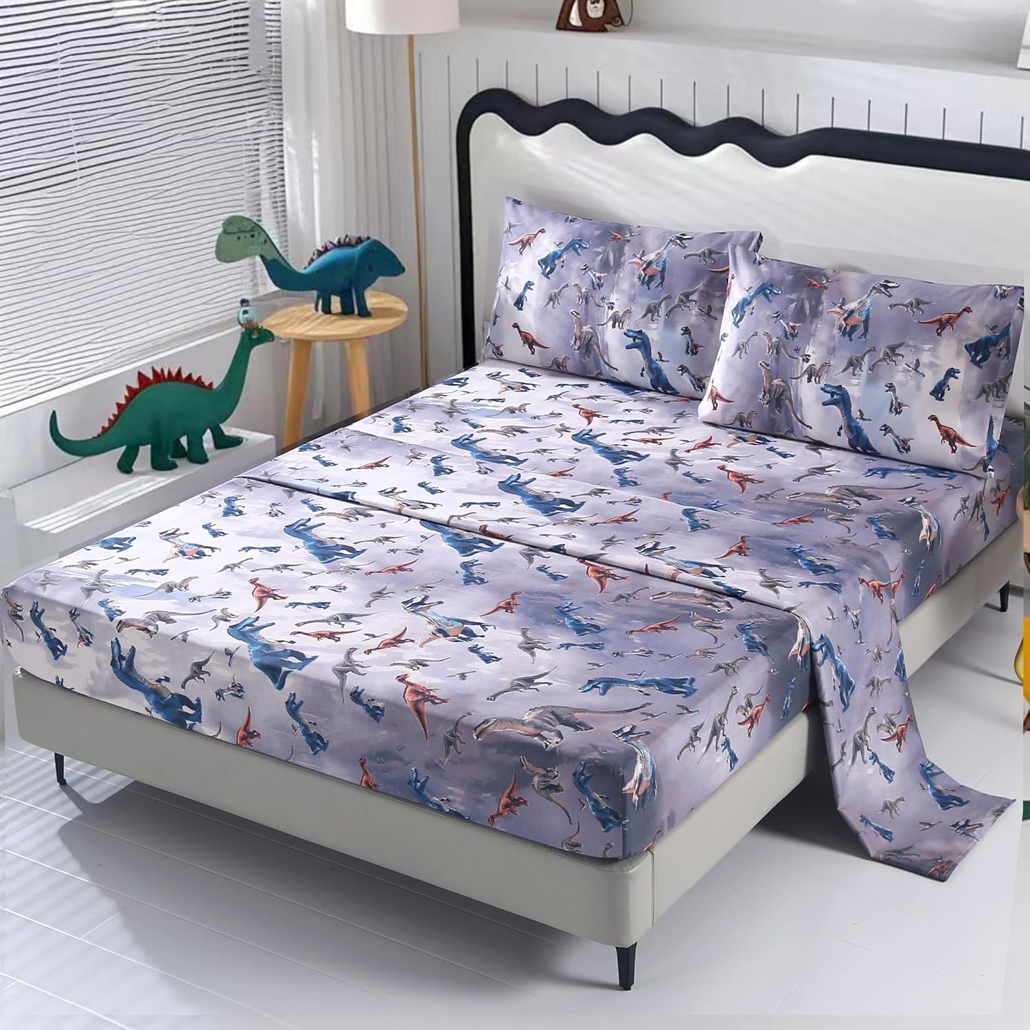SDIII 4PCS Dinosaur Queen Sheet Set Soft Microfiber Dino Bedding for Kids