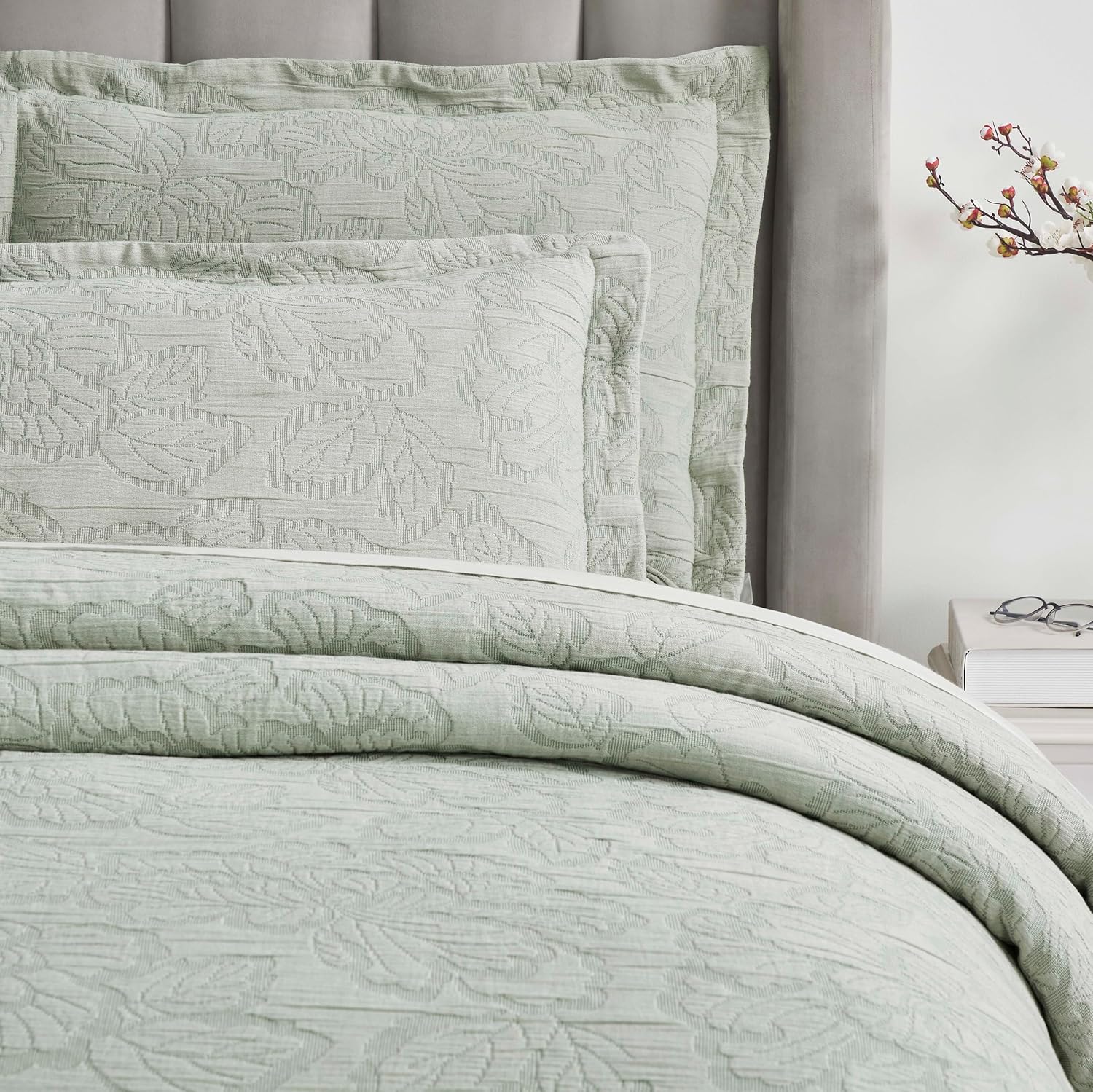 Superior 3 Piece Cotton Bedspread Set Hibiscus Collection Sage