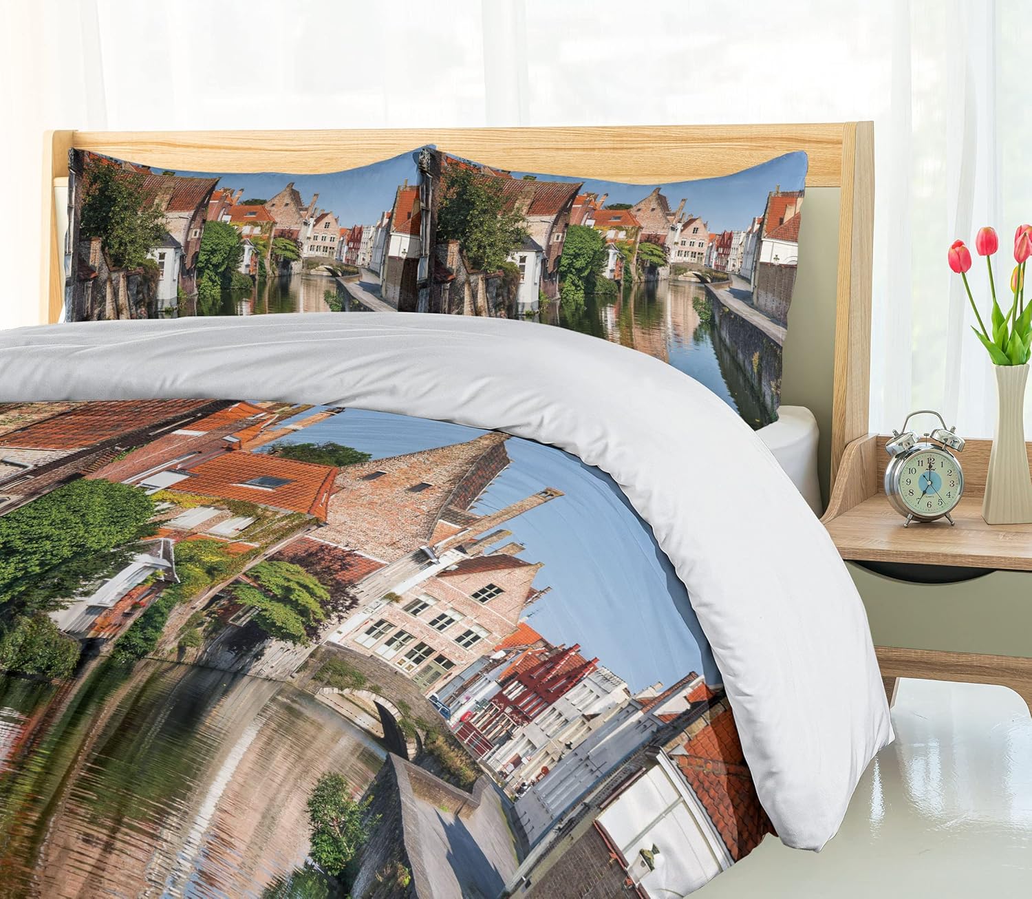 Ambesonne Twin Duvet Cover Set with Pillow Sham Bruges Canal Print