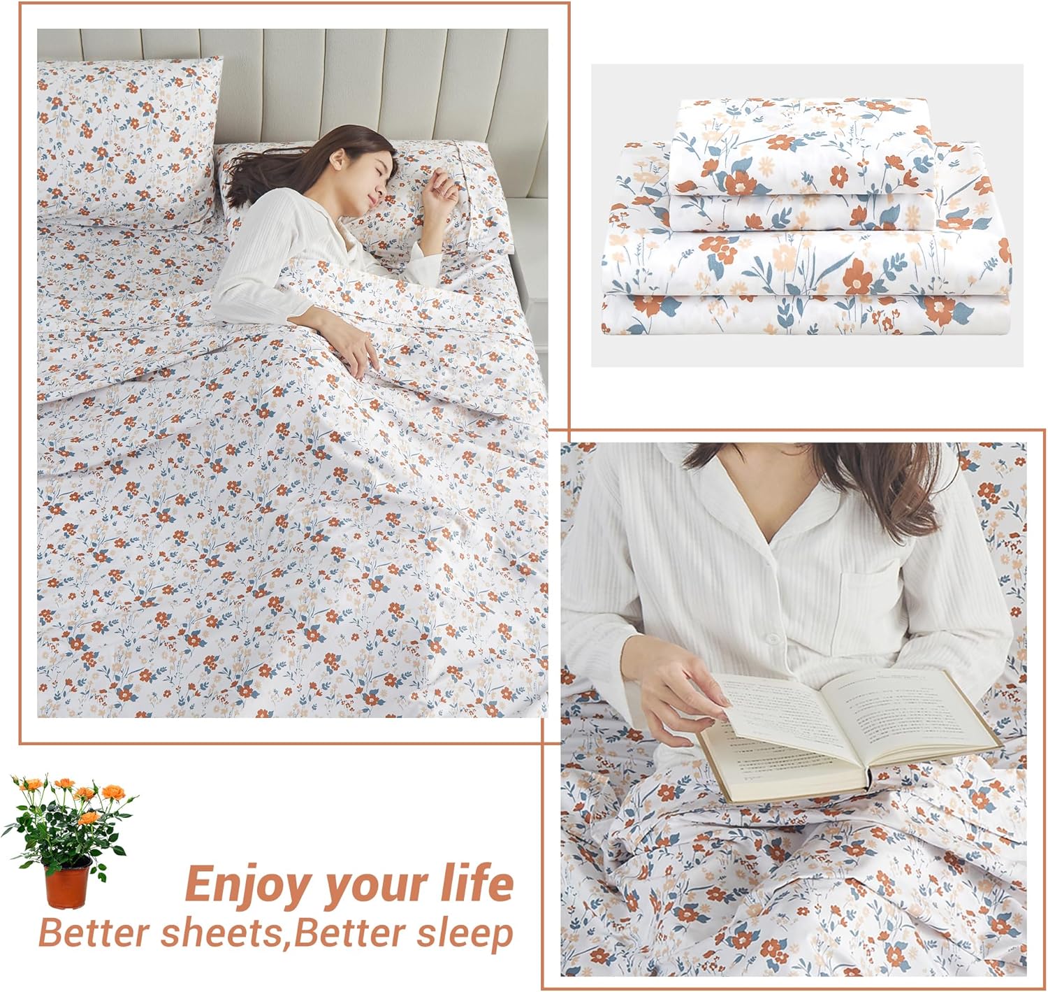 Softan Orange Floral Twin Sheet Set - 3 Piece
