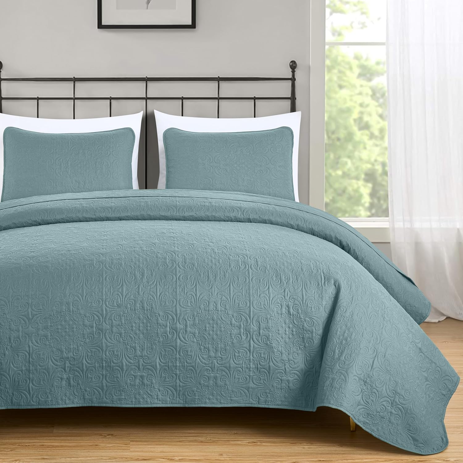 Chezmoi Luca 3-Piece Oversized Bedspread Set Queen Size Spa Blue