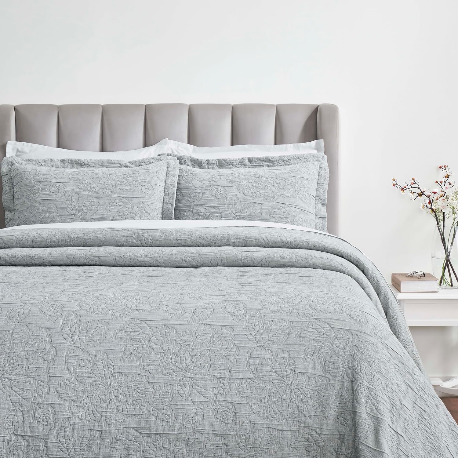 Superior 3 Piece Cotton Bedspread Set - Hibiscus Collection California King Grey