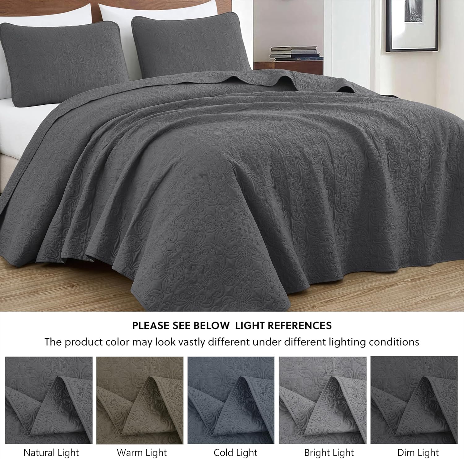 Chezmoi Collection Luca 3-Piece Bedspread Set Queen Size Charcoal