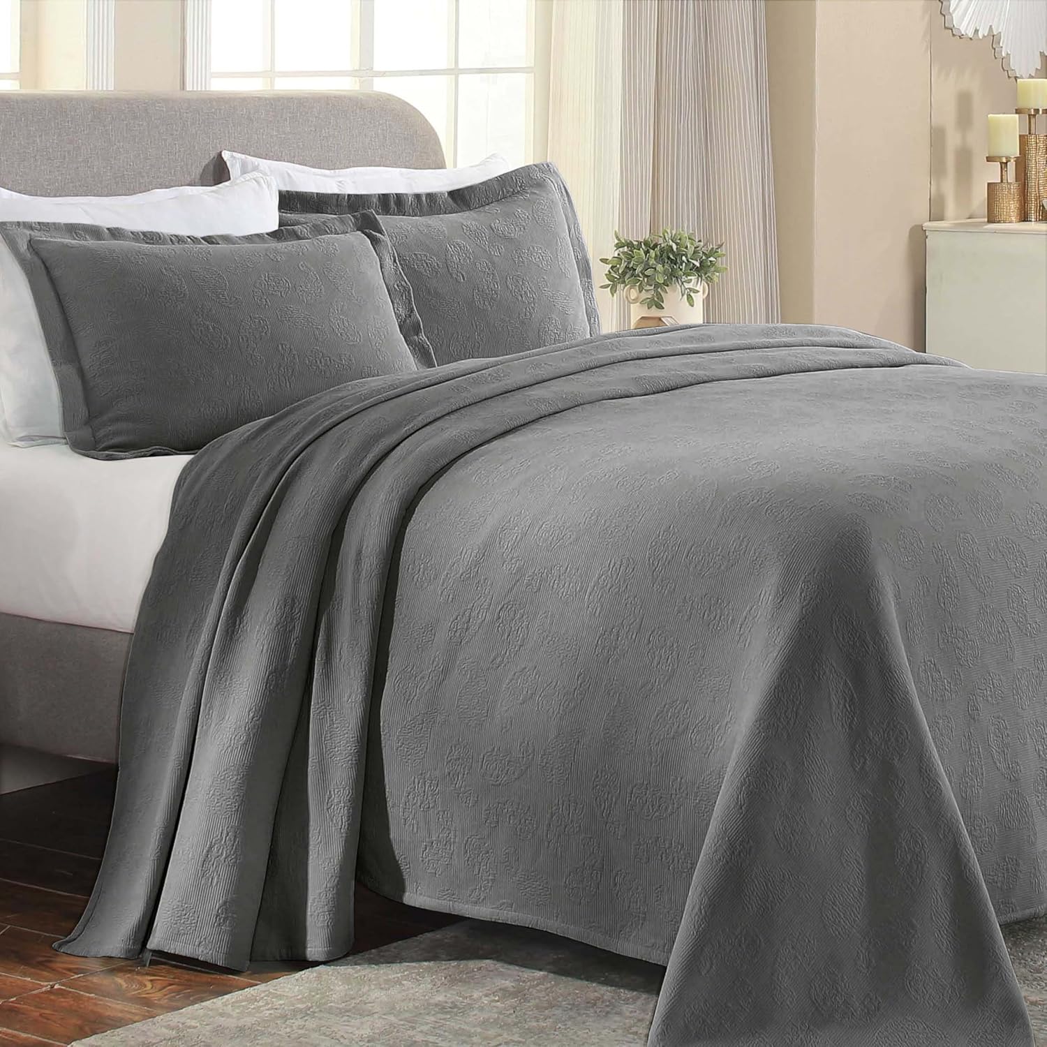 Superior Paisley 3 Piece Cotton Bedspread Set - Queen Size Grey