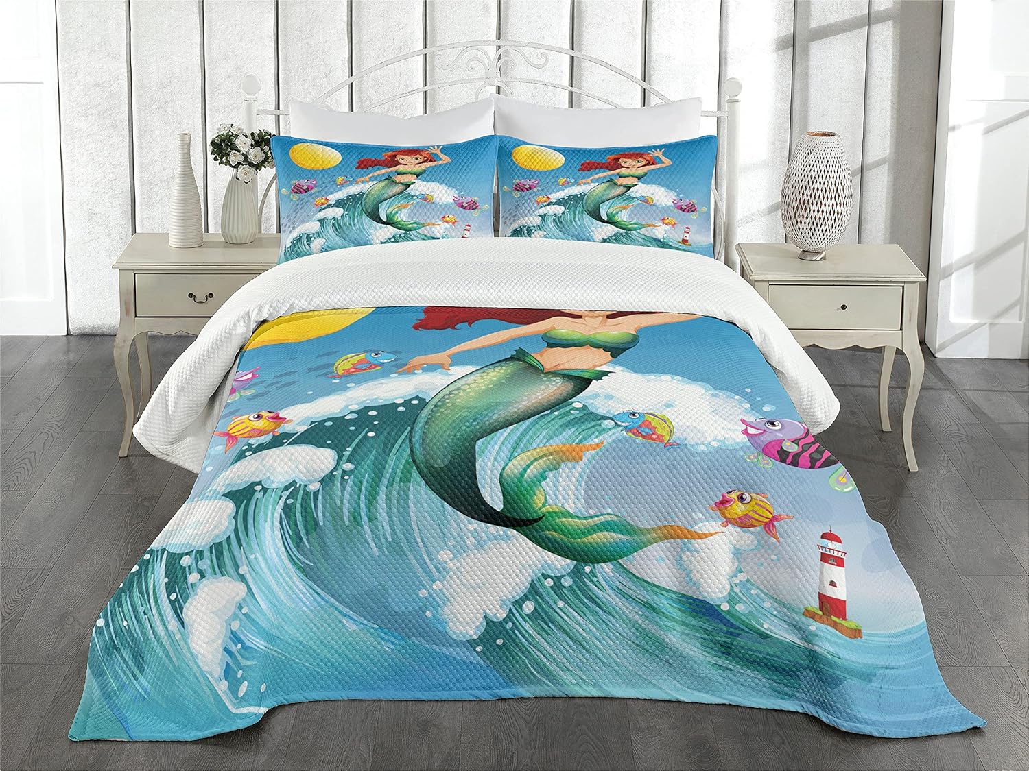 Ambesonne Mermaid Bedspread Set - White Grey 3 Piece King Size