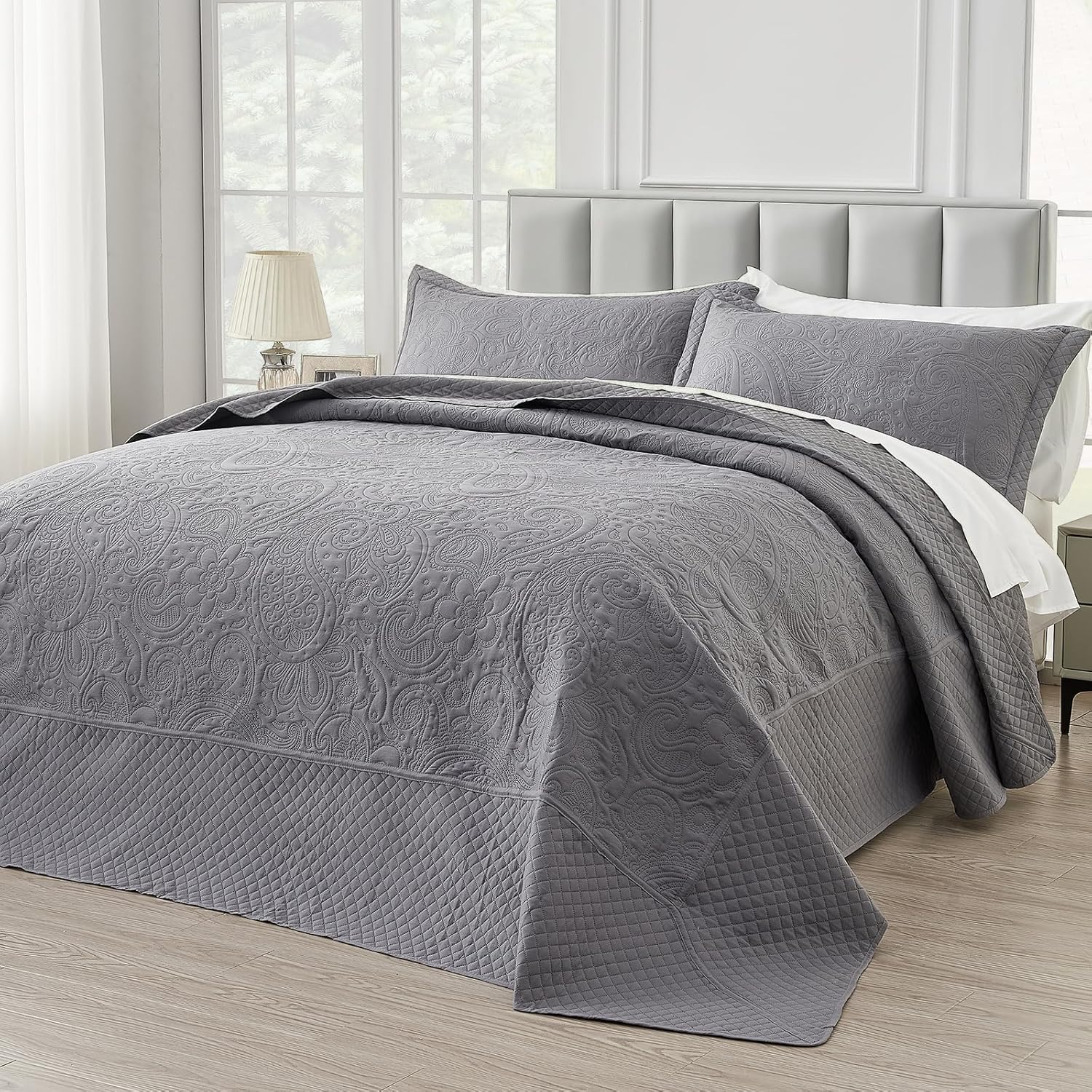 Suchbed California King Bedspread Set 128x120 Grey Paisley Quilt
