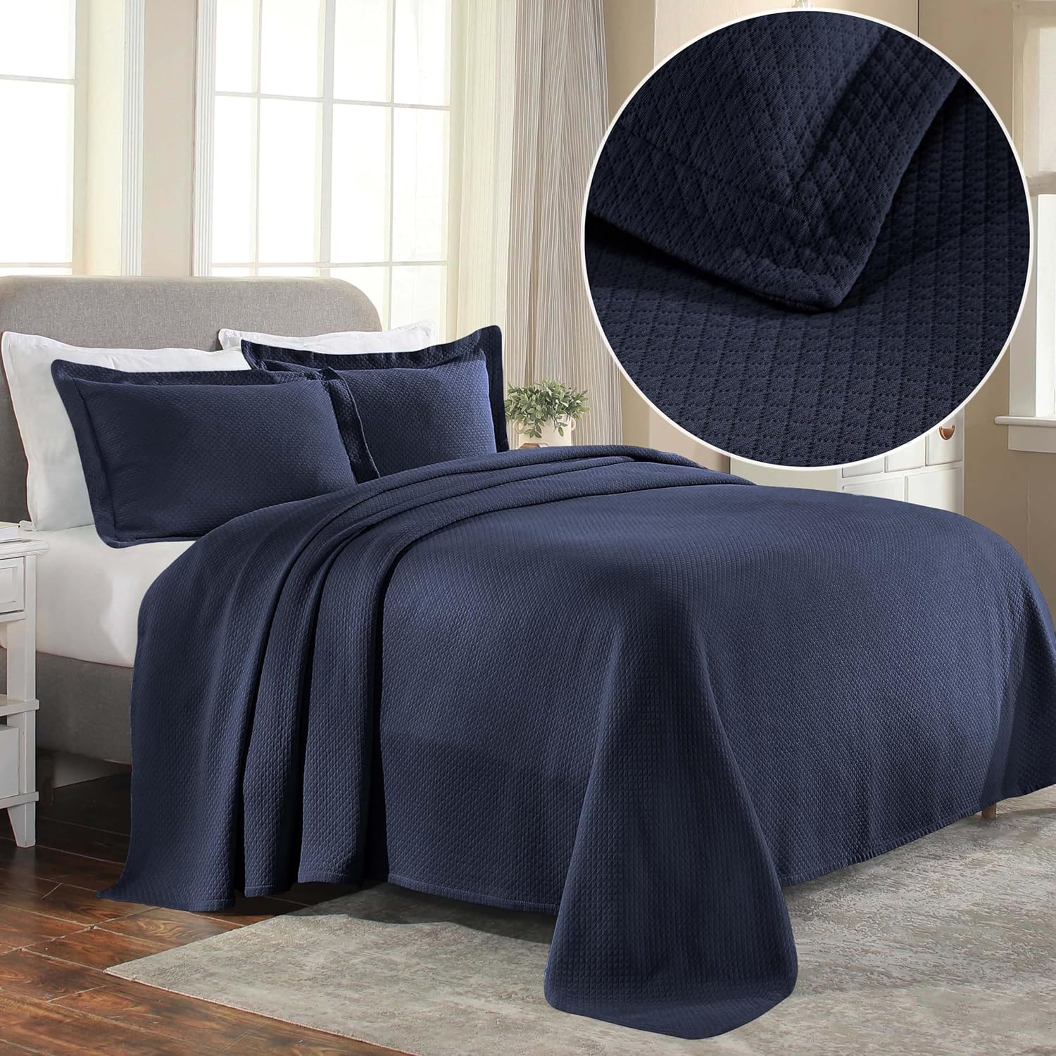 Superior Solitaire Cotton Bedspread Set Twin Navy Blue