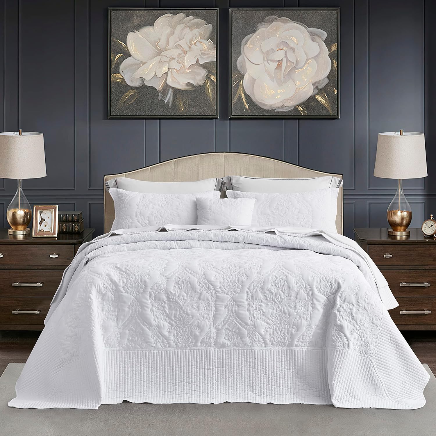 CHIXIN Queen Bedspread Set - Damask Paisley Pattern 4 Piece Reversible