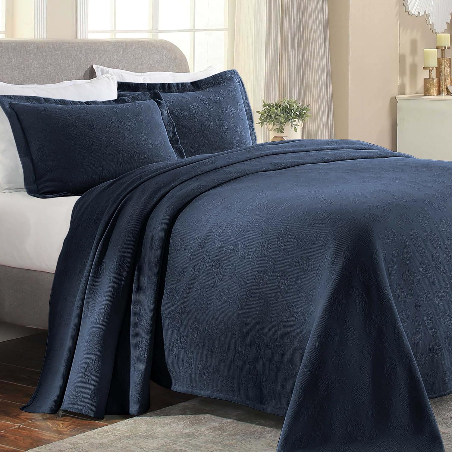 Superior Paisley 3 Piece Cotton Bedspread Set Navy Blue 1
