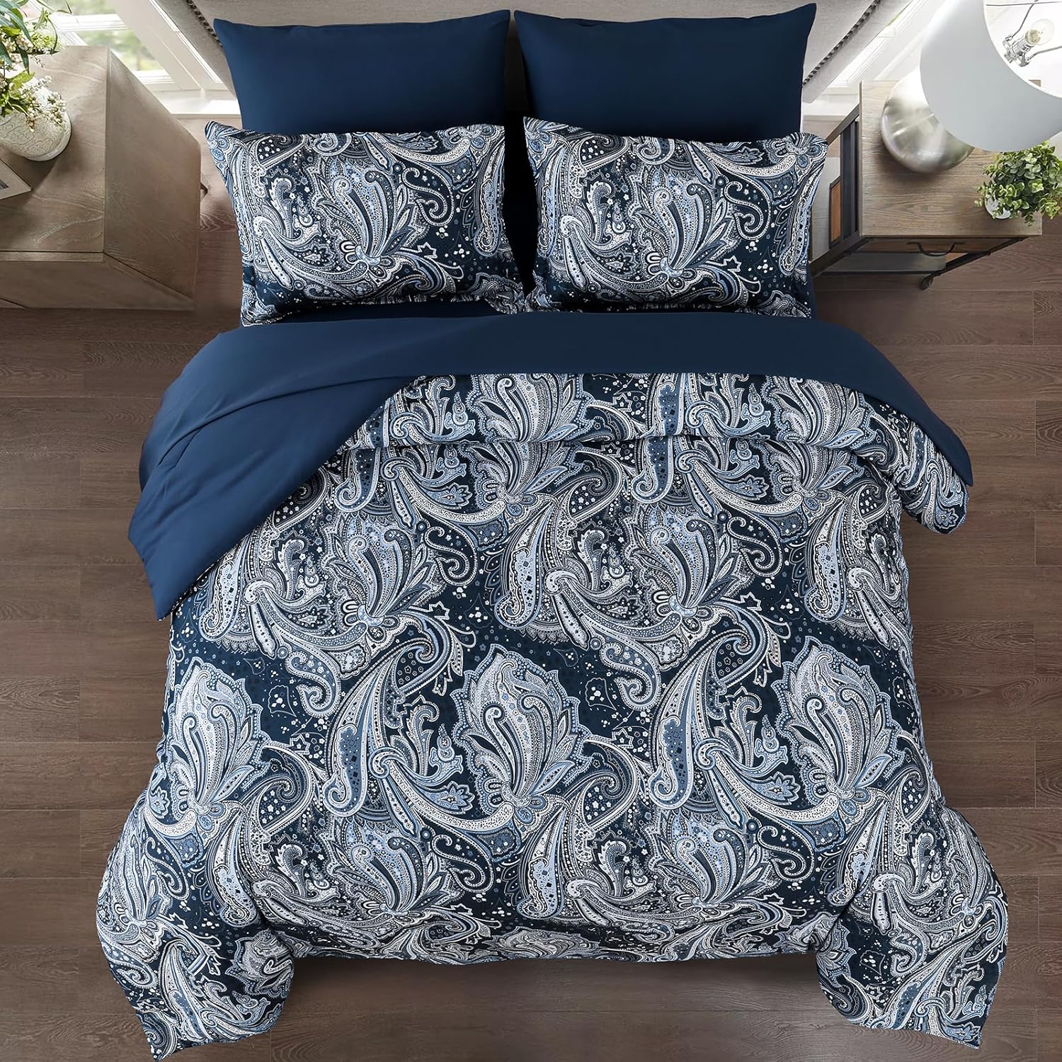 DJY Navy Paisley Comforter Set California King 7 Piece