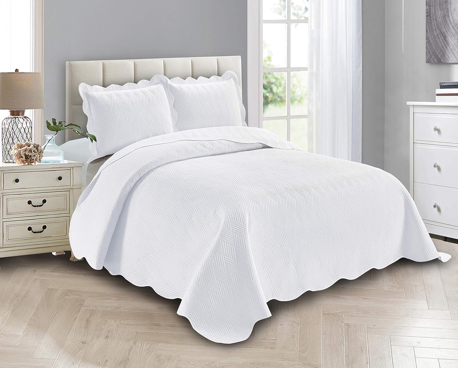 Linen Plus Luxury Oversized Coverlet Bedspread Set Solid White Full Queen