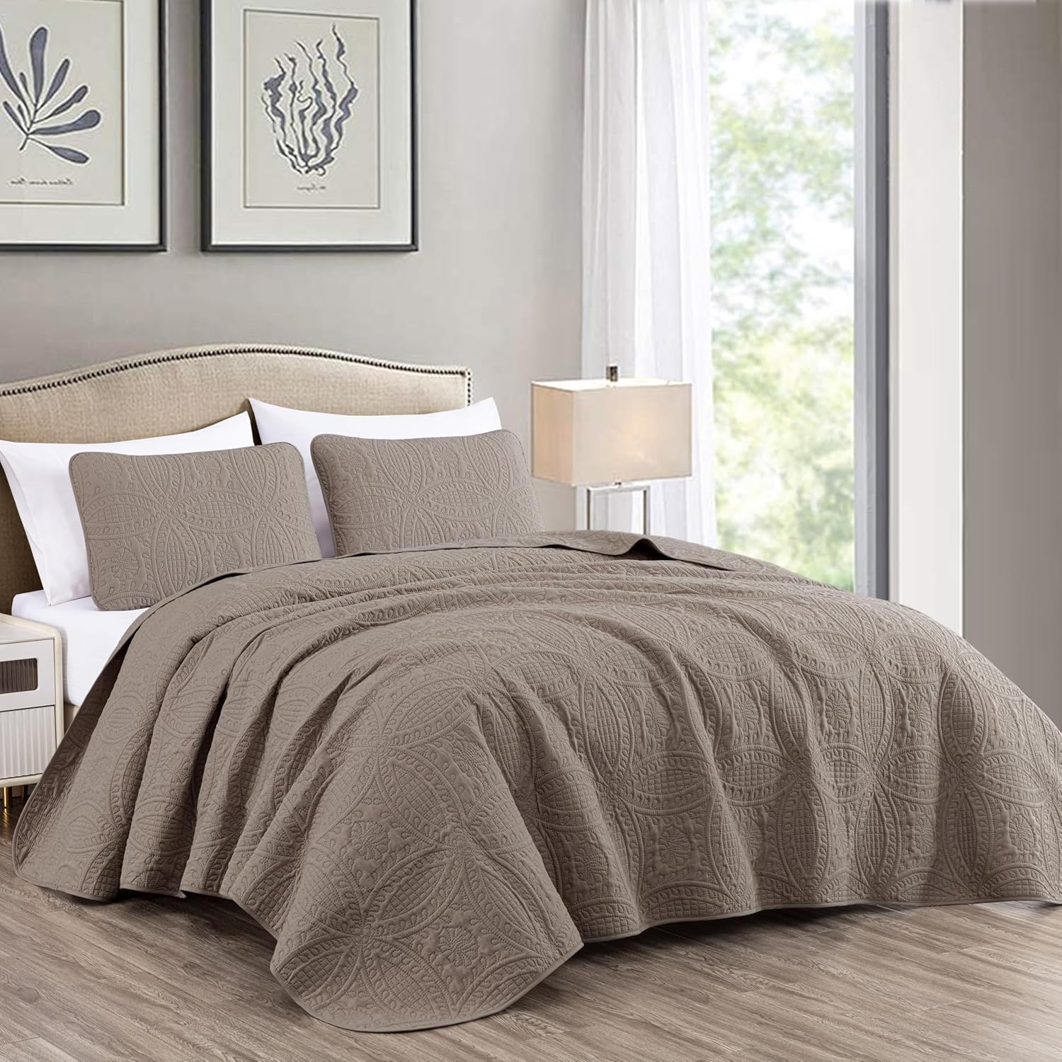 Chezmoi Austin 3-Piece Bedspread Set Queen Taupe