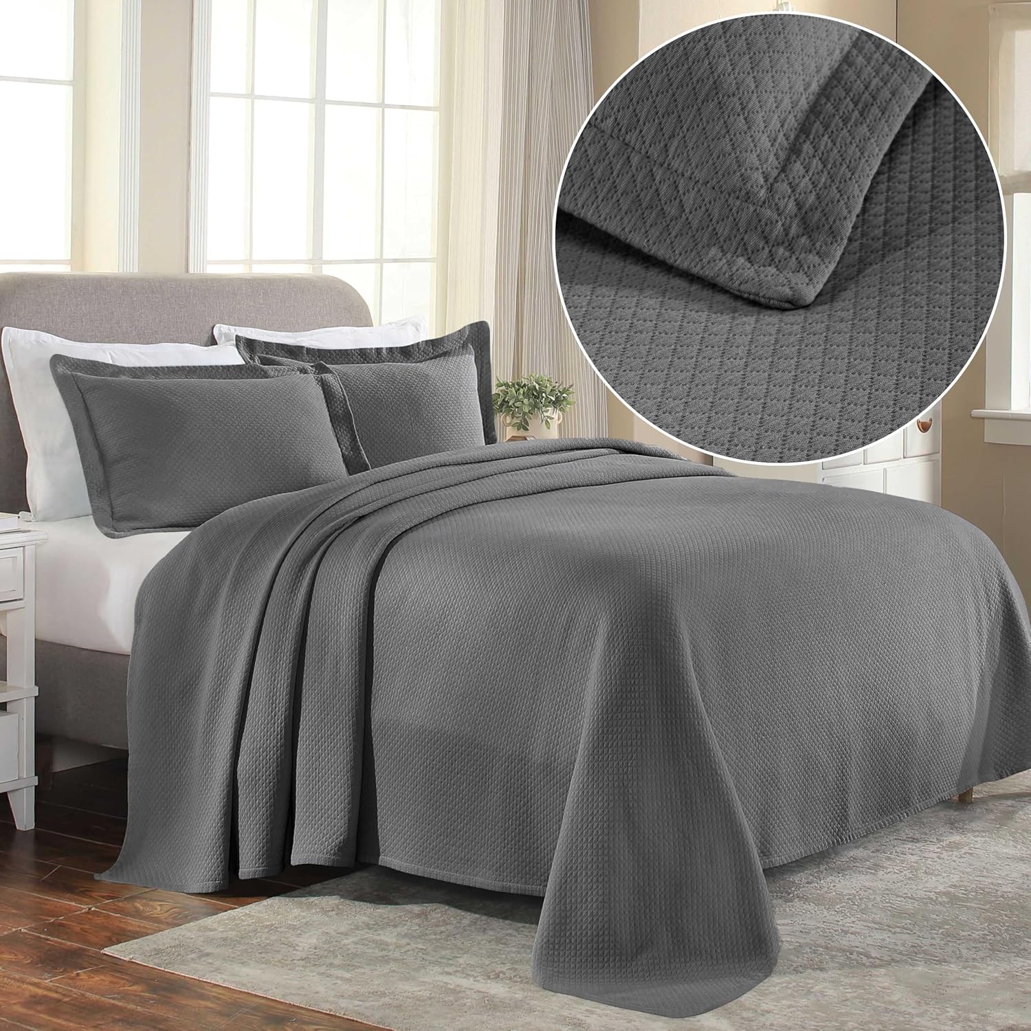 Superior Solitaire Cotton 3 Piece Bedspread Set Full Grey
