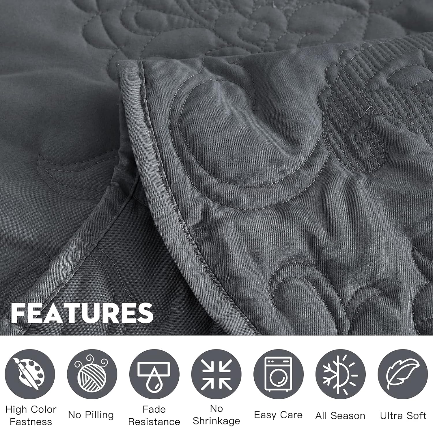 HZ HY Oversized King Bedspread Set 128x120 Reversible Dark Grey