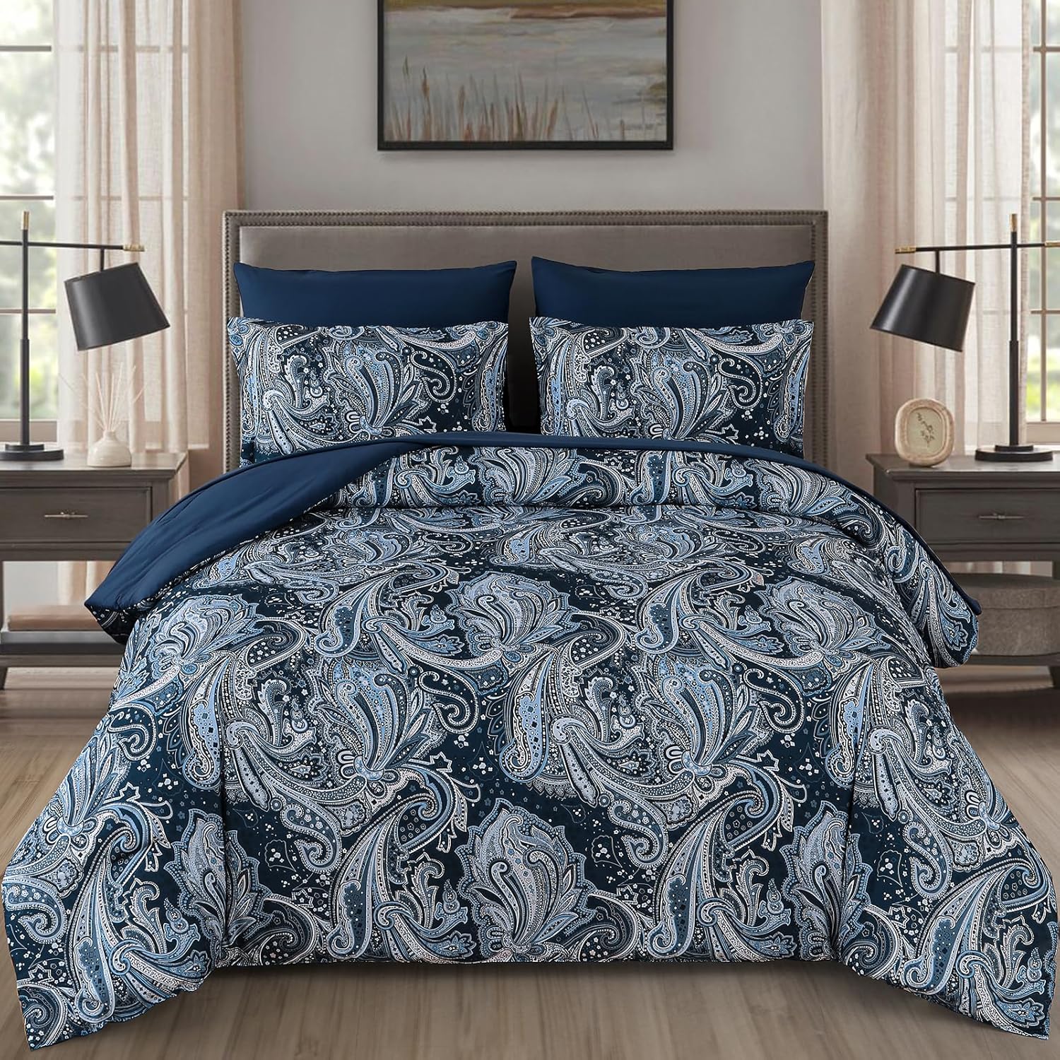 DJY Navy Paisley Comforter Set California King 7 Piece