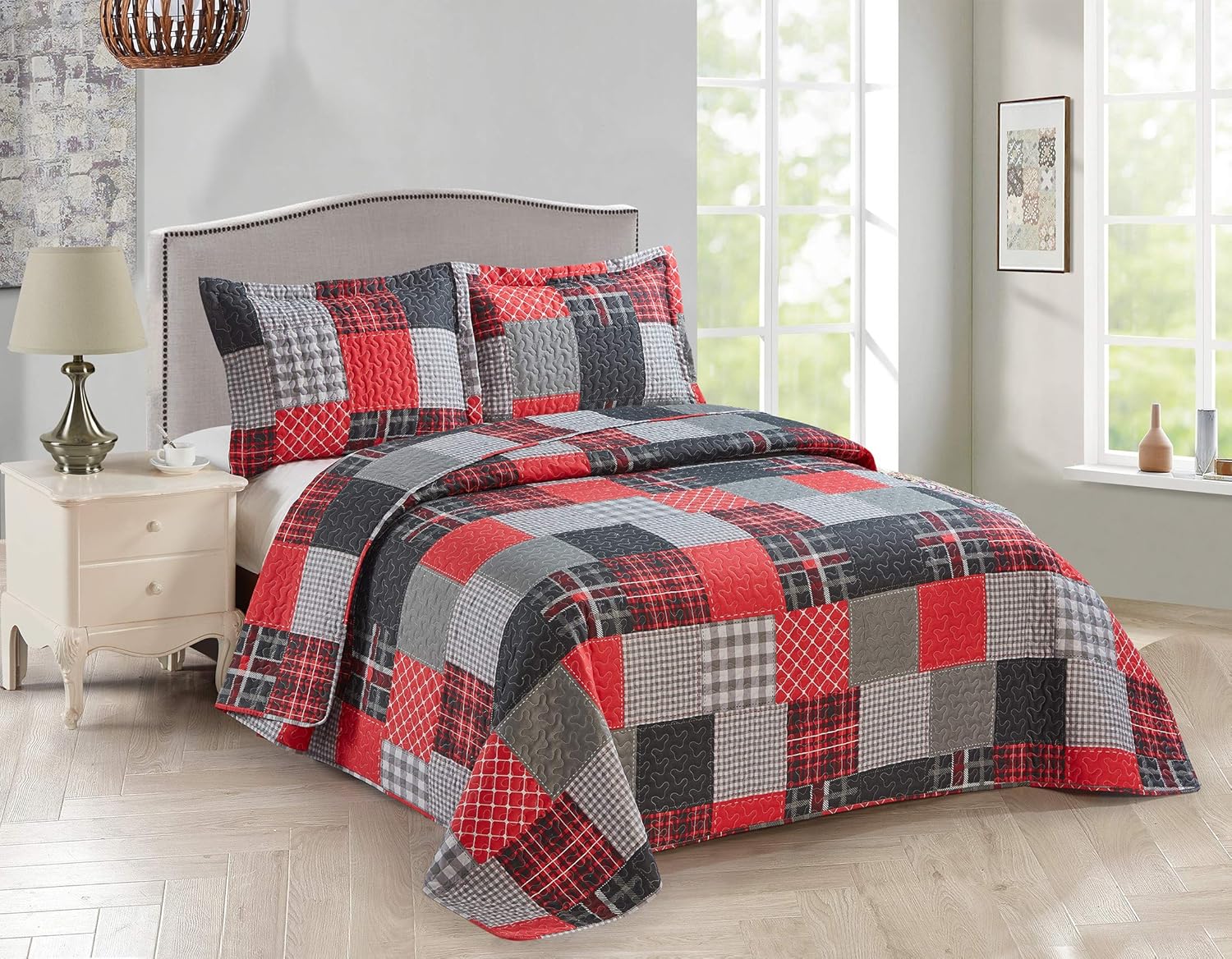 Fancy Linen Plaid Patchwork Bedspread Set Full Queen