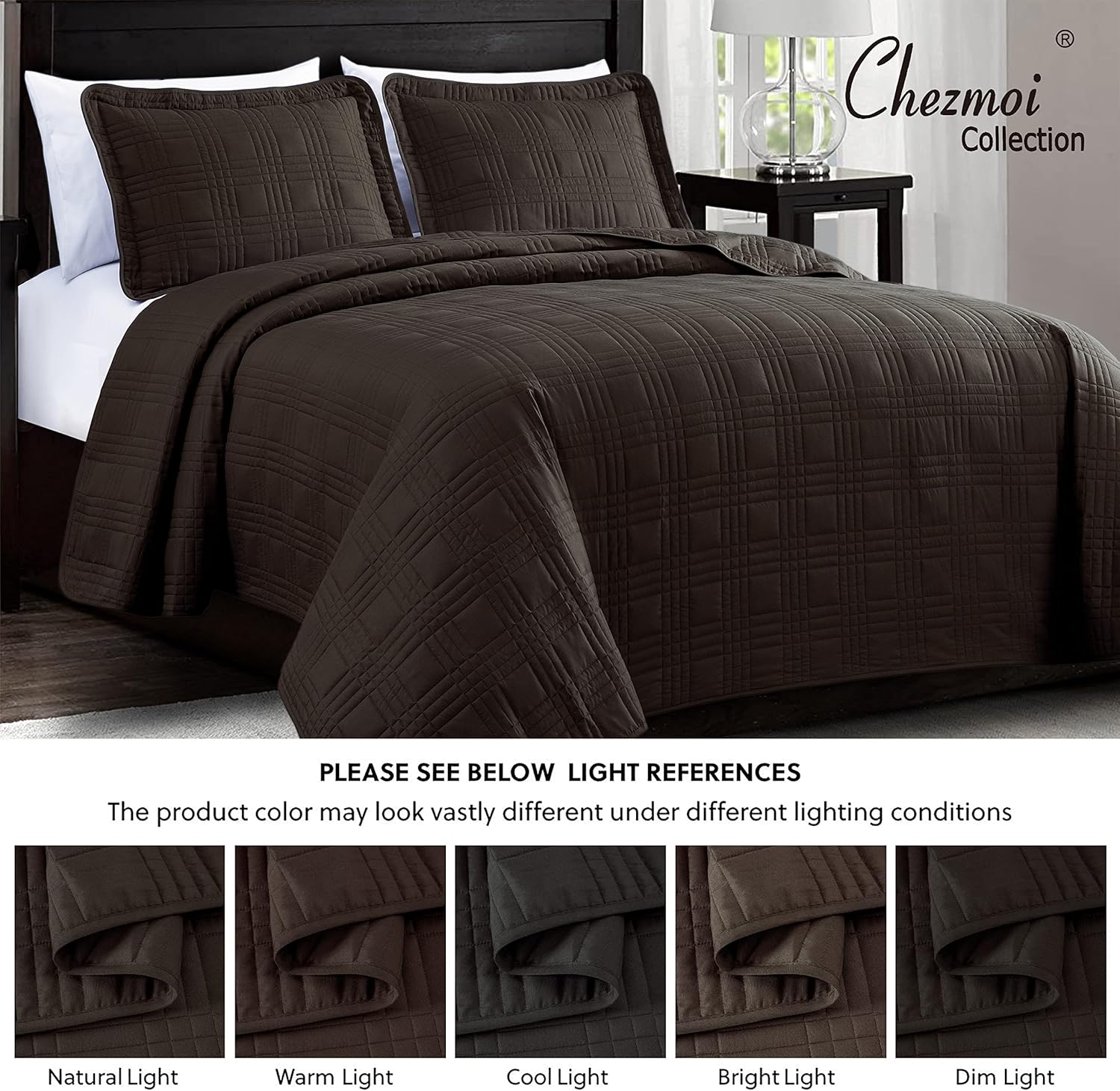 Chezmoi Collection King Size Bedspread Set 3-Piece Brown