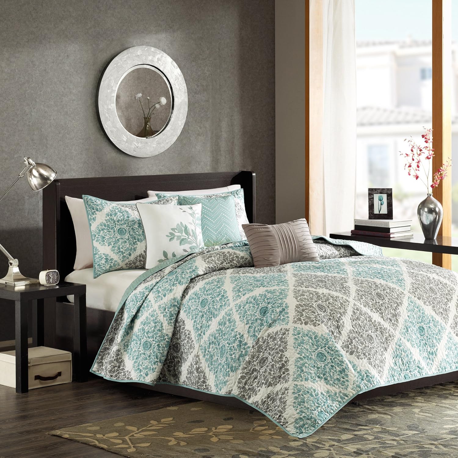Madison Park Claire Quilt Coverlet Set - 6 Piece Diamond Aqua Pattern KingCal King
