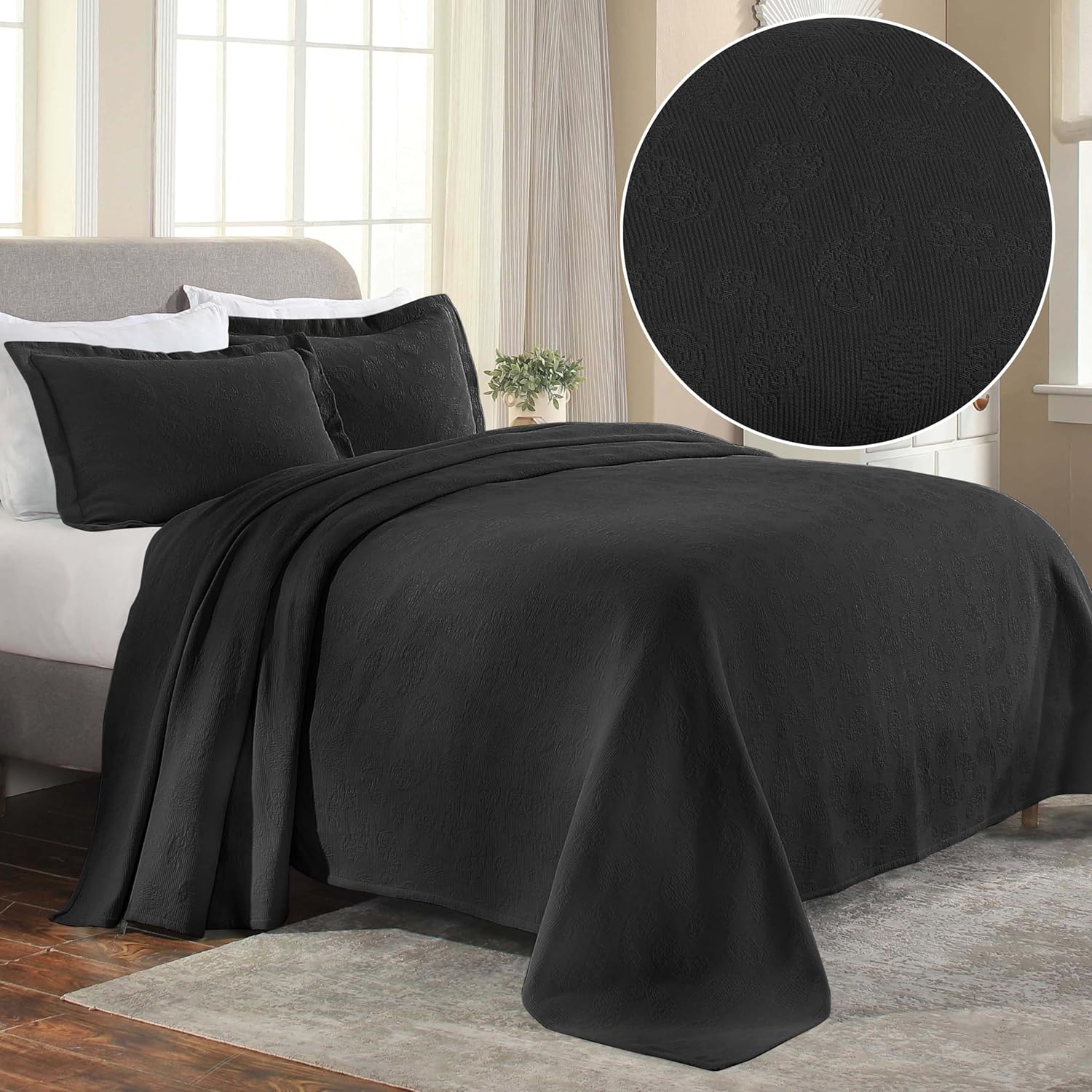 Superior Paisley 3 Piece Cotton Bedspread Set Queen Black