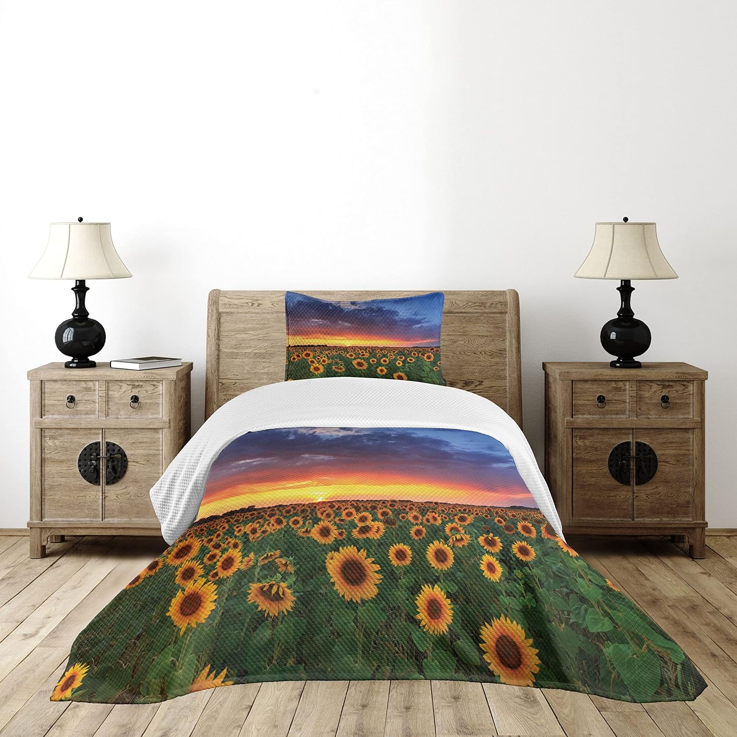 Lunarable Sunflower Bedspread Set Twin Size Orange Yellow 1