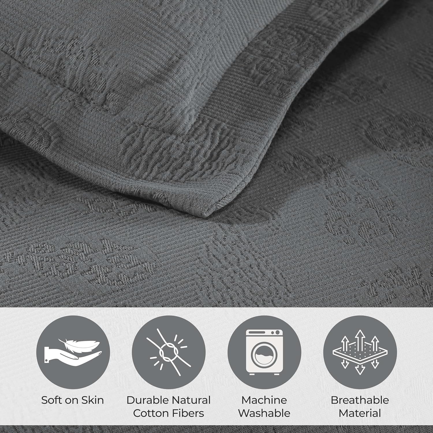 Superior Paisley 3 Piece Cotton Bedspread Set - Queen Size Grey
