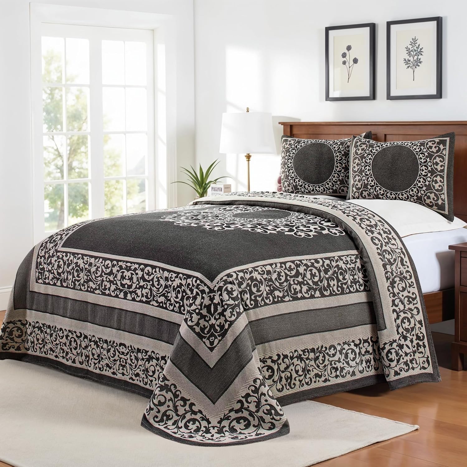 Superior Oversized Bedspread Set - Bohemian Style Charcoal