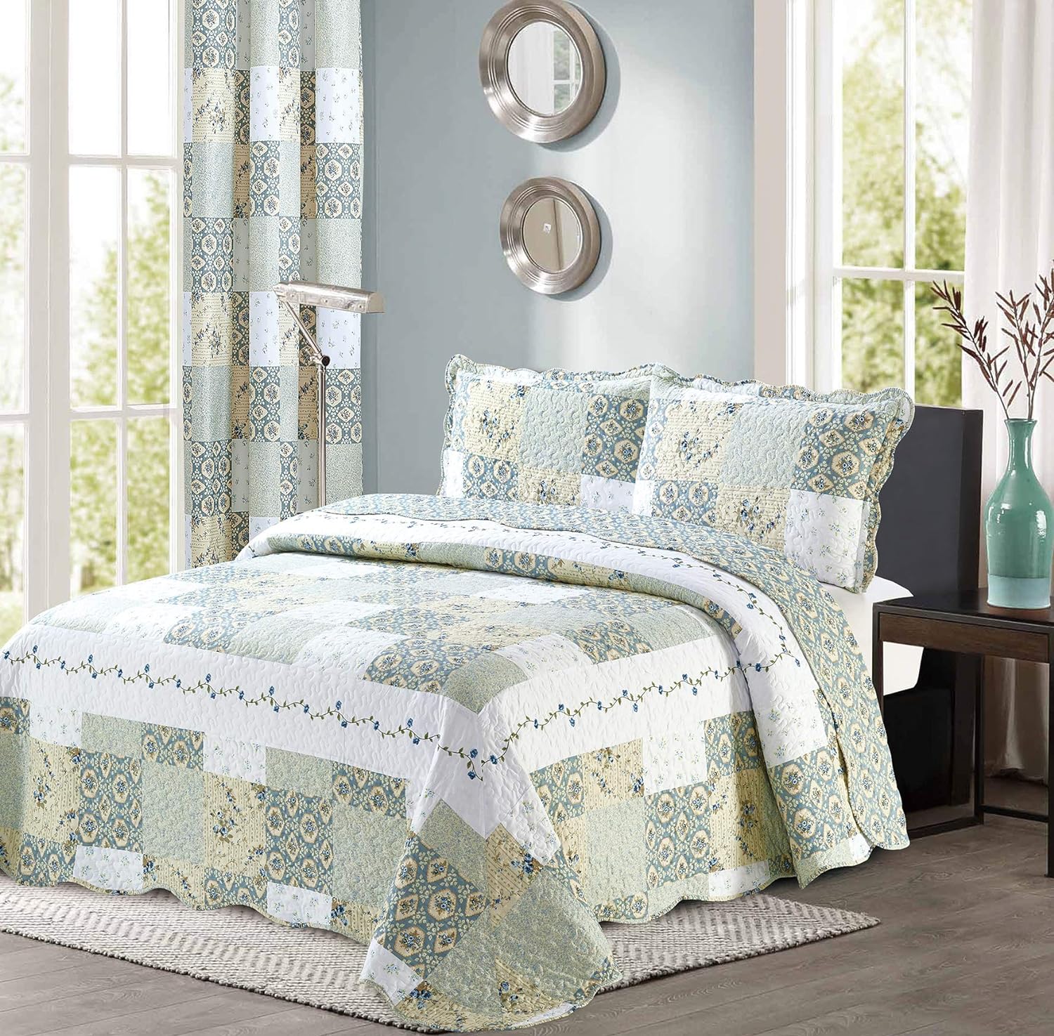 All American Collection Reversible 3pc Floral Patchwork Bedspread Set 1