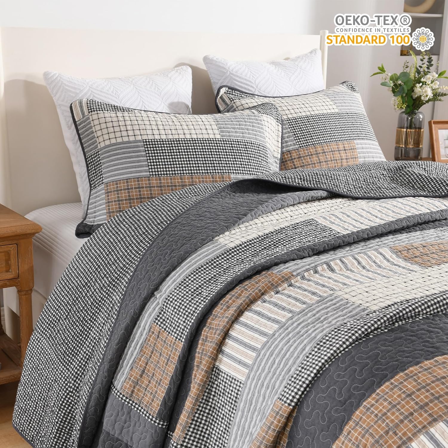 FineStichery 128x120 Gray Plaid King Bedspread Set