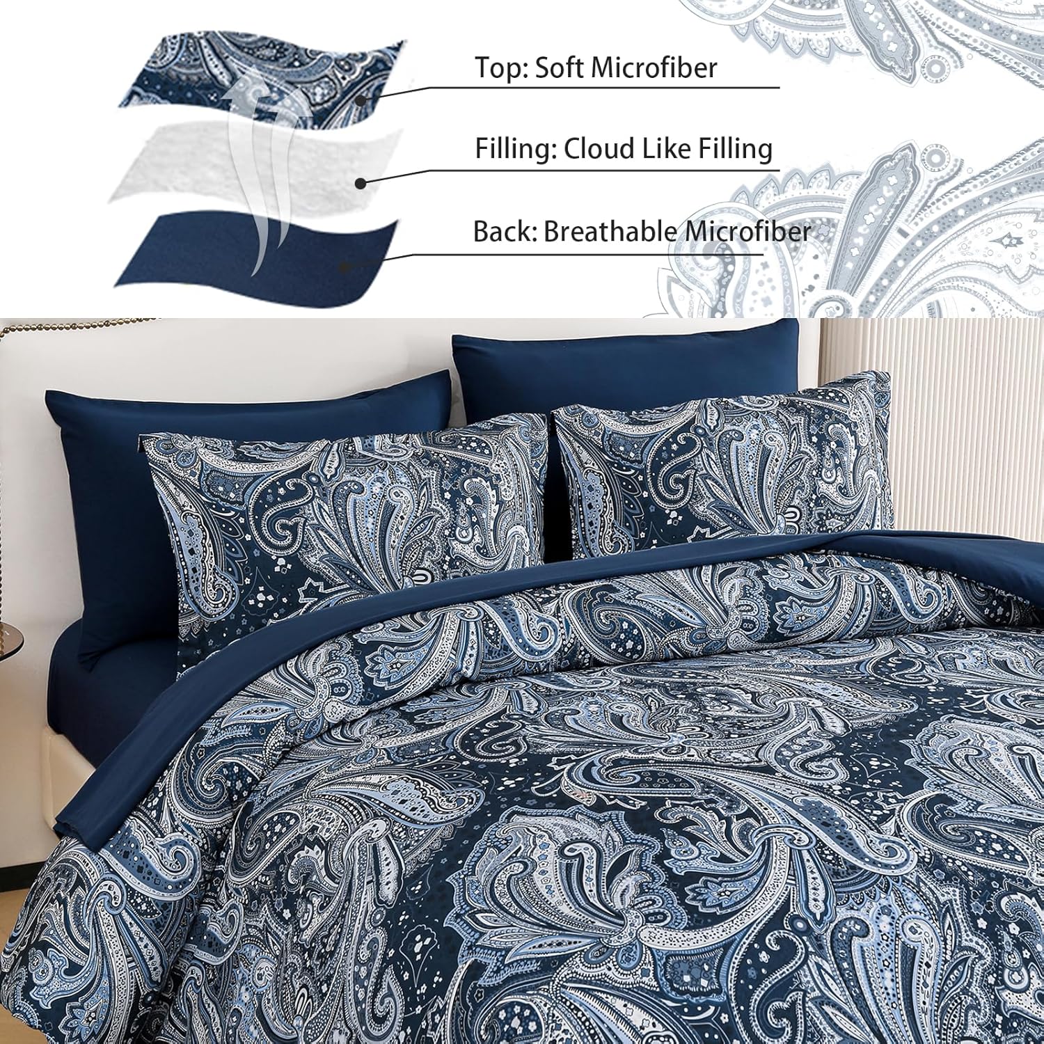 DJY Navy Paisley Comforter Set California King 7 Piece