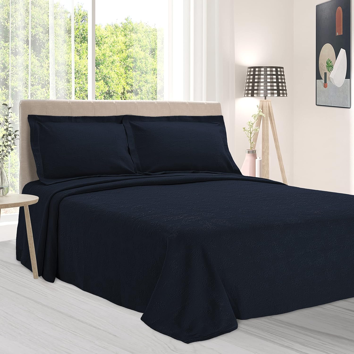BLUENILEMILLS Oversized Paisley Cotton Bedspread Jacquard Weave Navy Blue King Size