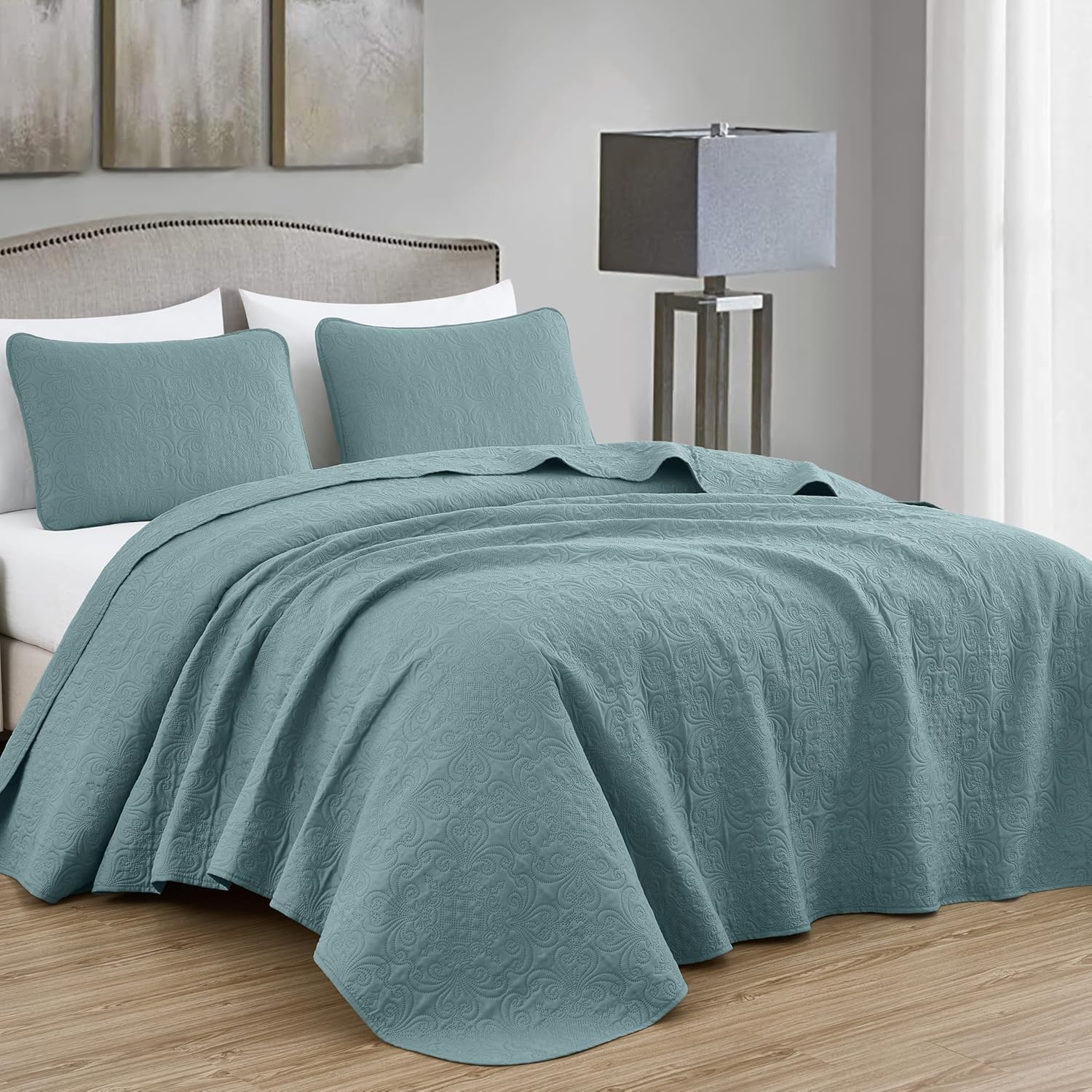 Chezmoi Luca 3-Piece Oversized Bedspread Set Queen Size Spa Blue