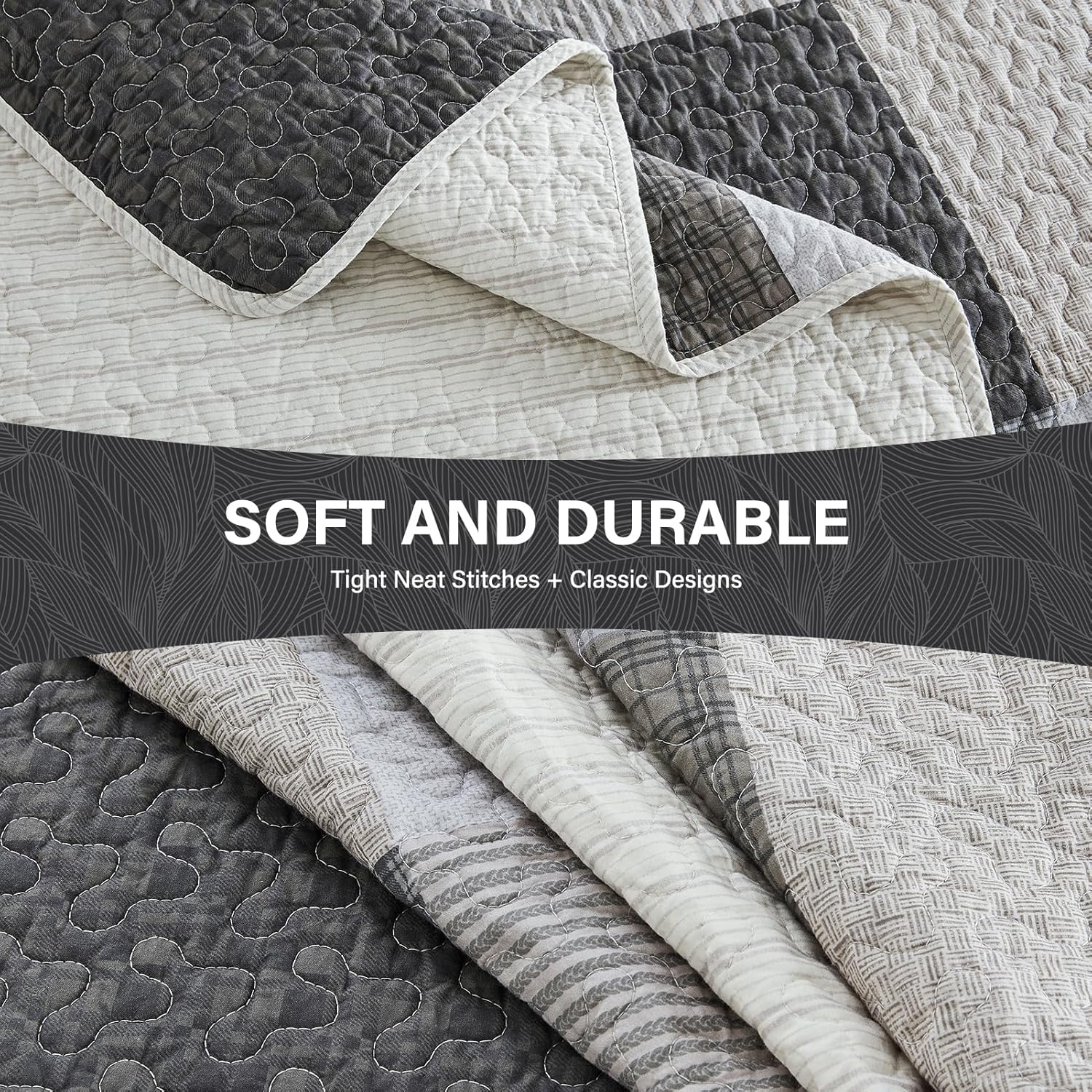 SahSahCasa 120x102 100 Cotton Oversized Queen Quilt Bedspread Set Gray 1