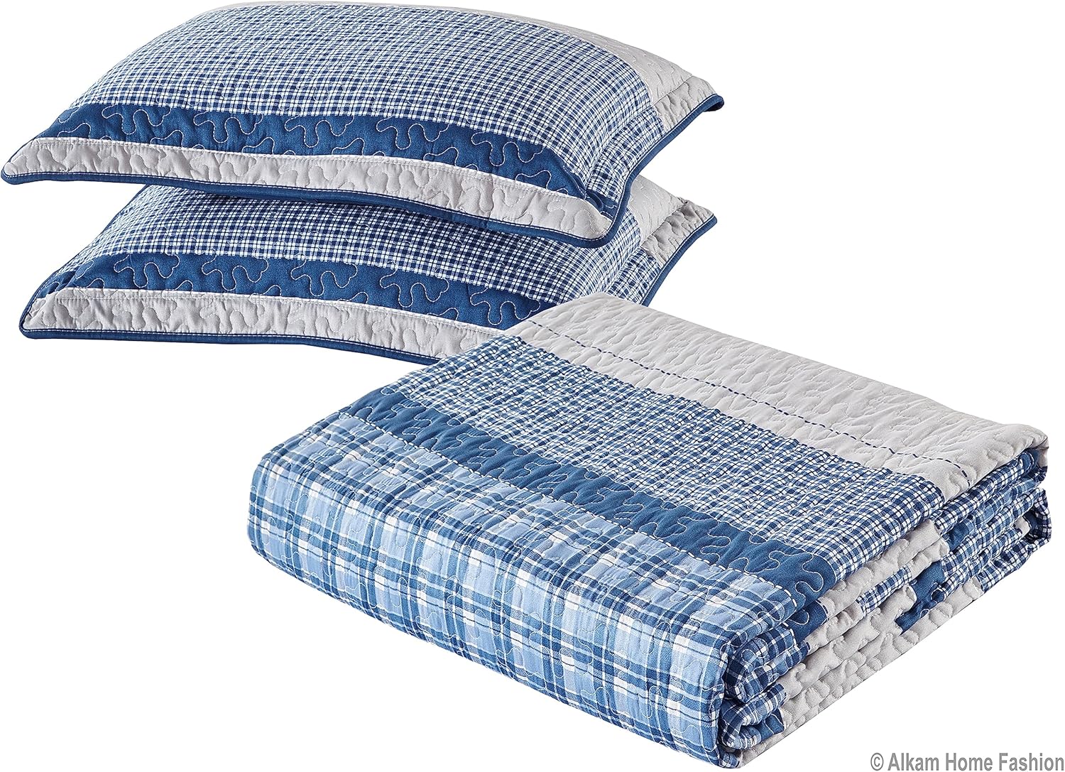 All American Collection Blue and Gray Plaid 3-Piece Queen Bedspread Set