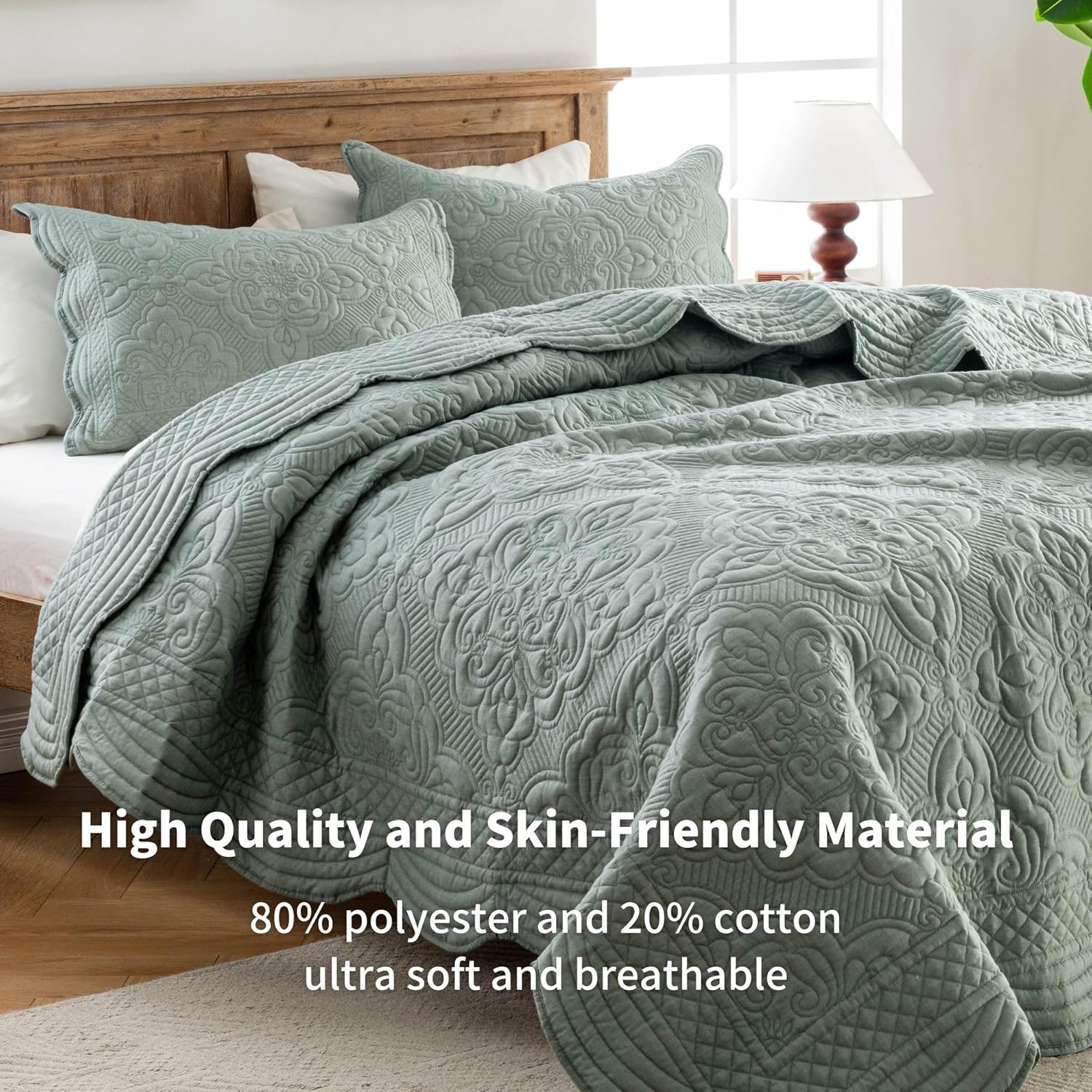 Meadow Park Embroidered Quilt Set Queen - 3 Pieces Green
