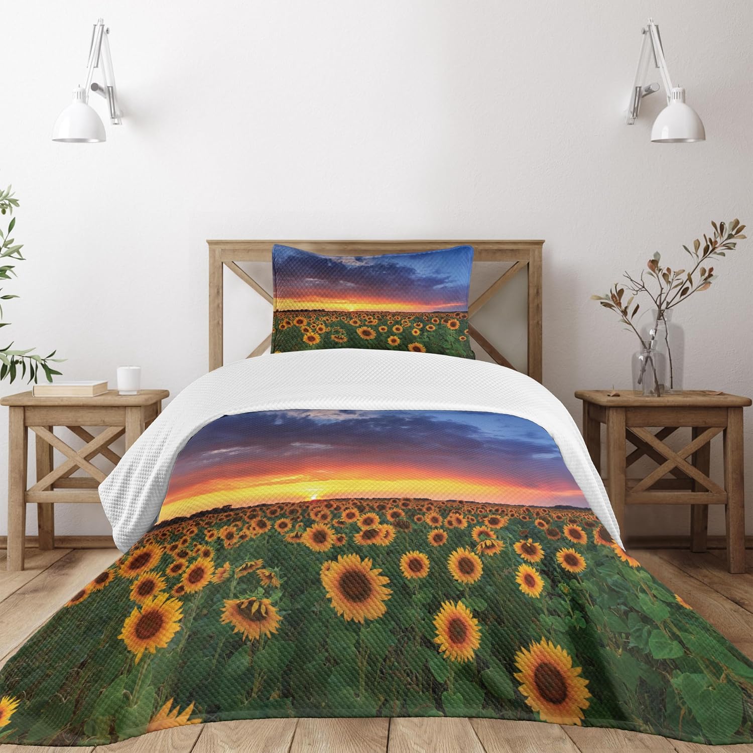 Lunarable Sunflower Bedspread Set Twin Size Orange Yellow 1
