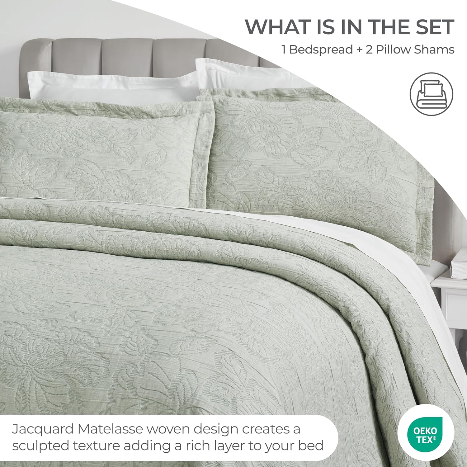 Superior 3 Piece Cotton Bedspread Set Hibiscus Collection Sage
