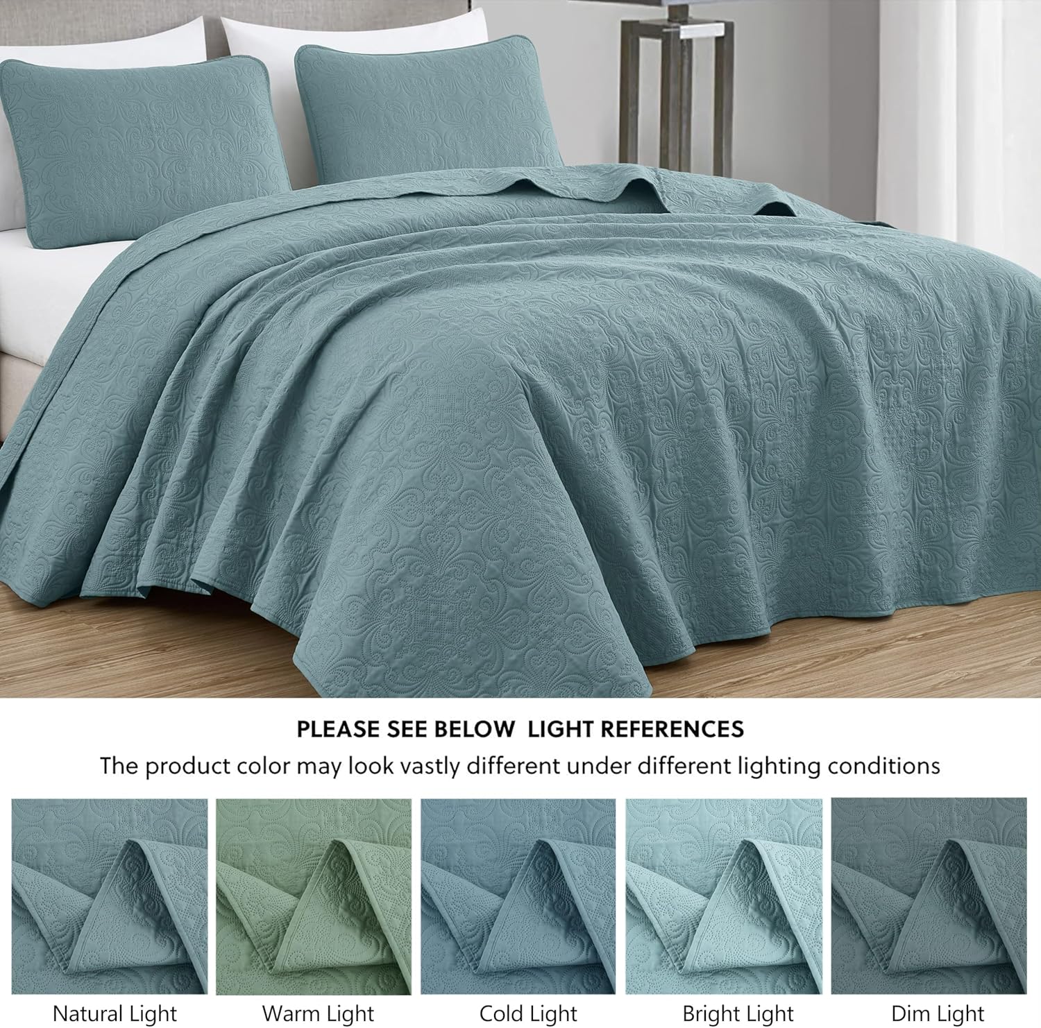 Chezmoi Luca 3-Piece Oversized Bedspread Set Queen Size Spa Blue