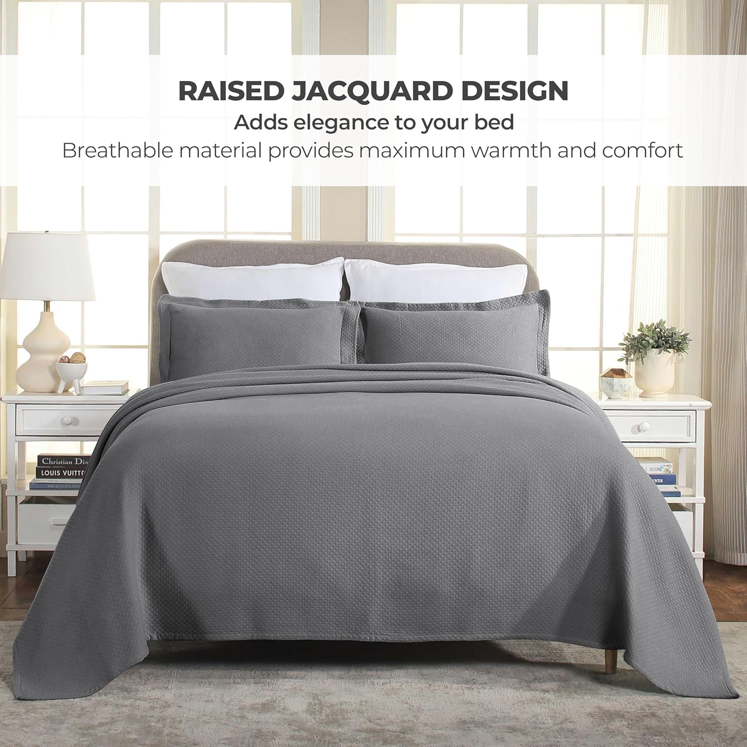Superior Solitaire Cotton 3 Piece Bedspread Set Full Grey